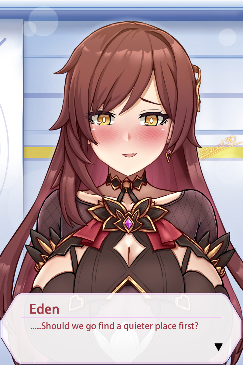zero130rider, eden (honkai impact), honkai (series), honkai impact 3rd, highres, 1girl, :d, artist name, blush, bracelet, breasts, cleavage, dress, earrings, jewelry, large breasts, long hair, long sleeves, looking at viewer, open mouth, purple dress, purple hair, signature, single earring, smile, solo, yellow eyes