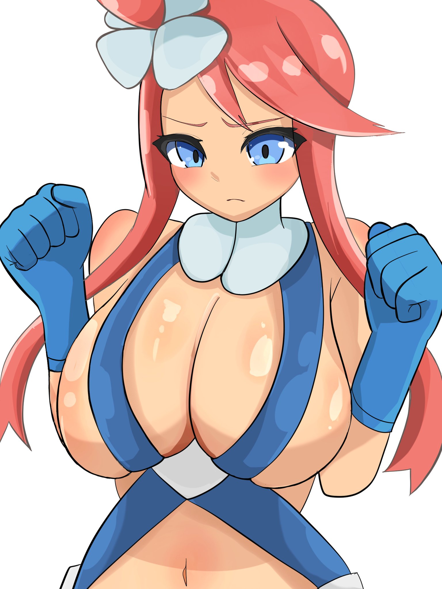otetearaimaru3, skyla (pokemon), nintendo, pokemon, pokemon bw, 1girl, bare shoulders, blue eyes, breasts, dark-skinned female, dark skin, gloves, huge breasts, long hair, looking at viewer, red hair, white background