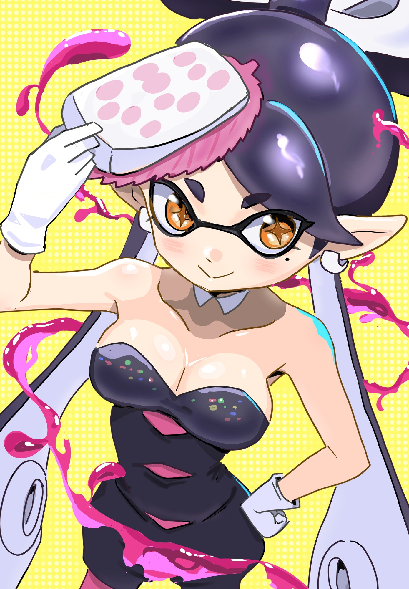 detesu, callie (splatoon), callie (squid sisters outfit) (splatoon), nintendo, splatoon (series), + +, 1girl, breasts, cleavage, earrings, gloves, inkling, jewelry, jumpsuit, large breasts, pointy ears, tentacle hair, twintails, yellow eyes