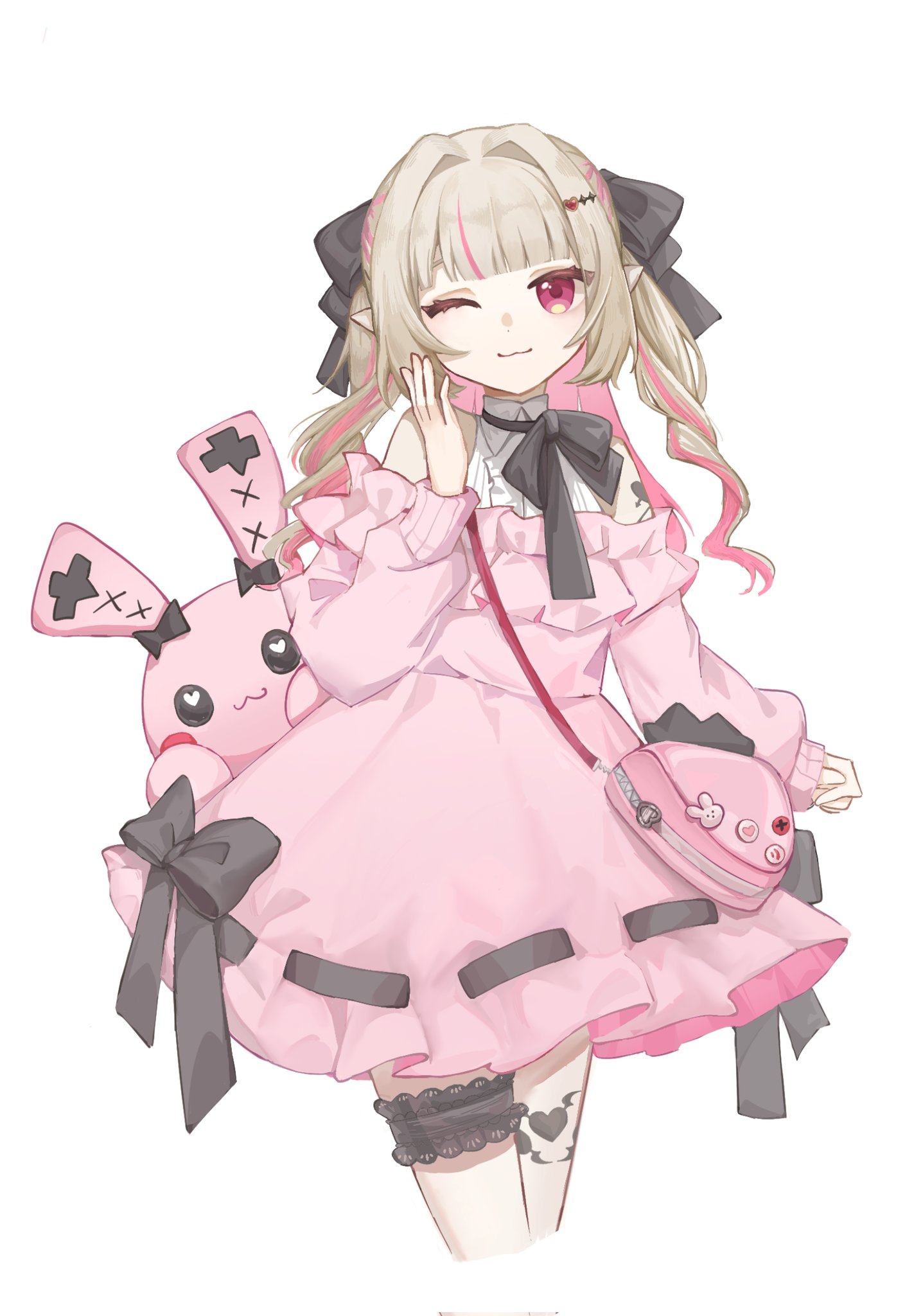 makaino ririmu, nijisanji, highres, 1girl, ;), ameko (ecko 13z), bag, bare shoulders, black bow, black bowtie, black ribbon, blunt bangs, bow, bowtie, center frills, collared shirt, colored inner hair, cropped legs, dress, drill hair, frilled dress, frilled thigh strap, frills, grey hair, hair intakes, hair ornament, hair ribbon, handbag, heart, heart hair ornament, leg tattoo, long hair, long sleeves, looking at viewer, multicolored hair, off shoulder, official alternate costume, one eye closed, pink bag, pink dress, pink hair, pink sleeves, pointy ears, red eyes, ribbon, ribbon-trimmed skirt, ribbon trim, shirt, shoulder bag, shoulder tattoo, sidelocks, simple background, sleeveless, sleeveless shirt, smile, solo, streaked hair, stuffed animal, stuffed rabbit, stuffed toy, tattoo, thigh strap, two side up, virtual youtuber, white background, white shirt, winged heart, winged heart tattoo