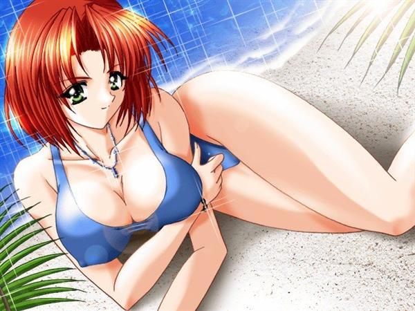 akira (artist), cherry soft, heroine (cherrysoft), character request, game cg, 1girl, beach, bracelet, breasts, cleavage, collarbone, covered erect nipples, green eyes, jewelry, large breasts, looking at viewer, lying, necklace, ocean, palm tree, red hair, sand, short hair, smile, swimsuit, tree, water