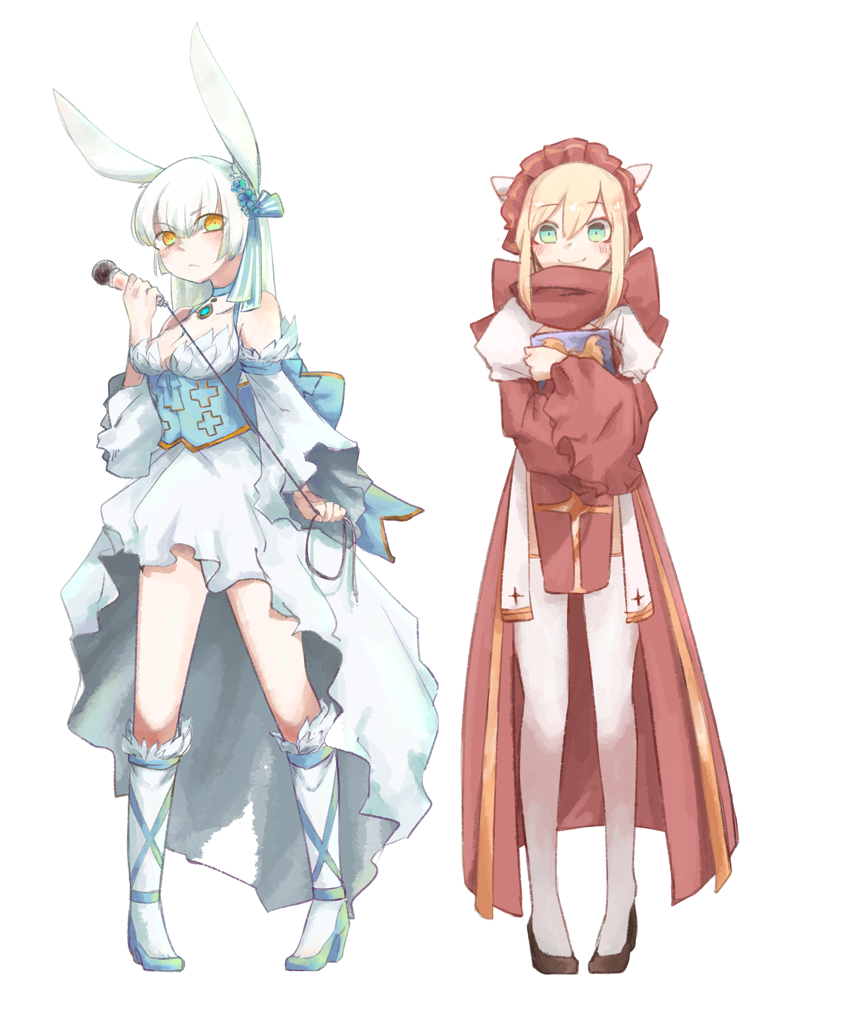 muka (vive1324), arch bishop (ragnarok online), wanderer (ragnarok online), ragnarok online, absurdres, commentary request, highres, 2girls, animal ears, black shoes, blonde hair, blue bow, blue choker, blue corset, blue gemstone, blue shoes, blush, book, bow, breasts, choker, cleavage, closed mouth, corset, cross, detached sleeves, dress, frown, full body, gem, green eyes, hair bow, headdress, high heels, holding, holding book, holding microphone, juliet sleeves, kneehighs, long hair, long sleeves, looking at viewer, medium breasts, microphone, multiple girls, official alternate costume, puffy sleeves, rabbit ears, rabbit girl, red dress, shoes, simple background, sleeveless, sleeveless dress, smile, socks, thighhighs, two-tone dress, white background, white dress, white hair, white sleeves, white socks, white thighhighs, wide sleeves, yellow eyes