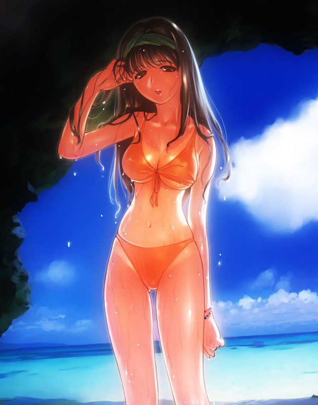 artist request, character request, 1girl, bikini, bracelet, breasts, brown eyes, brown hair, cave, cleavage, cloud, collarbone, hairband, jewelry, long hair, looking at viewer, medium breasts, ocean, open mouth, orange bikini, sky, standing, swimsuit, underboob, water, wet