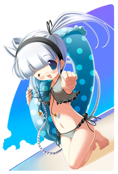 striped, artist request, 1girl, bikini, innertube, solo, swimsuit, tankini, wink