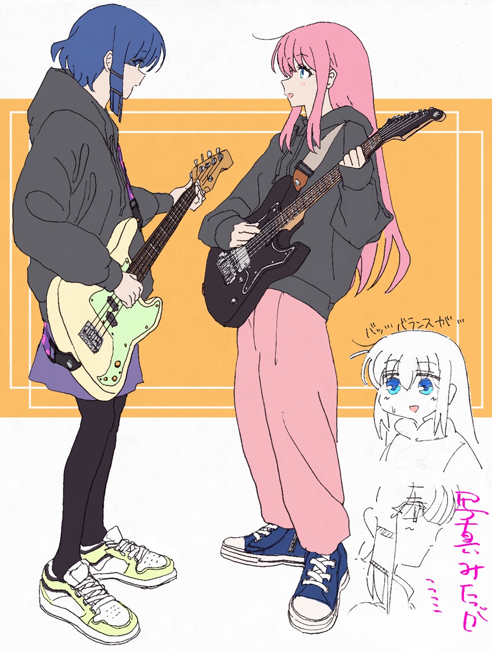 gotoh hitori, yamada ryo, bocchi the rock!, highres, 1girl, acoustic guitar, amplifier, bass guitar, blue eyes, blue hair, electric guitar, guitar, holding, holding instrument, hood, hood down, hoodie, instrument, kazenota2, keyboard (instrument), long hair, long sleeves, music, musical note, pants, pantyhose, pink hair, playing instrument, plectrum, profile, shoes, sneakers, violin