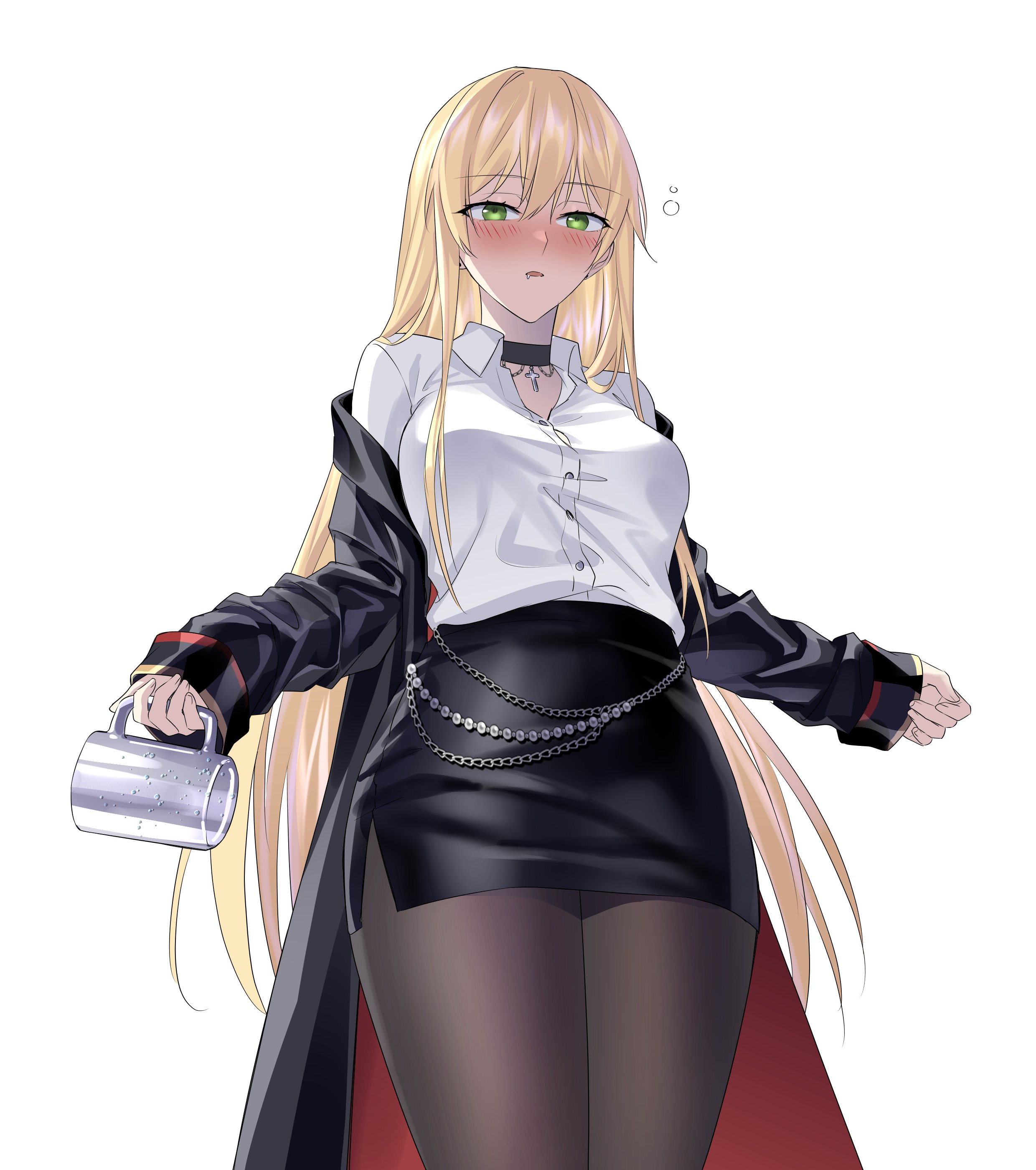 suprii, stg44 (detective's sidekick) (girls' frontline), stg44 (girls' frontline), girls' frontline, absurdres, highres, 1girl, black jacket, black skirt, blonde hair, blush, breasts, brown pantyhose, choker, cross, cup, drooling, drunk, fingernails, green eyes, holding, holding cup, jacket, long hair, medium breasts, miniskirt, mouth drool, off shoulder, open mouth, pantyhose, shirt, shirt tucked in, skirt, solo, very long hair, white shirt
