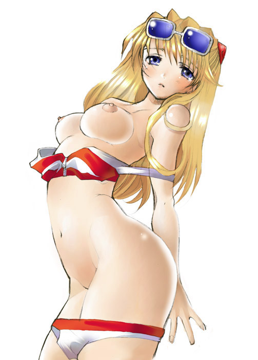 souryuu asuka langley, neon genesis evangelion, artist request, tagme, 1girl, alternate hair color, blonde hair, blue eyes, blush, breasts, breasts out, clothes pull, covered erect nipples, leaning back, long hair, medium breasts, navel, nipples, one-piece swimsuit pull, shiny skin, sunglasses on head, swimsuit, zipper