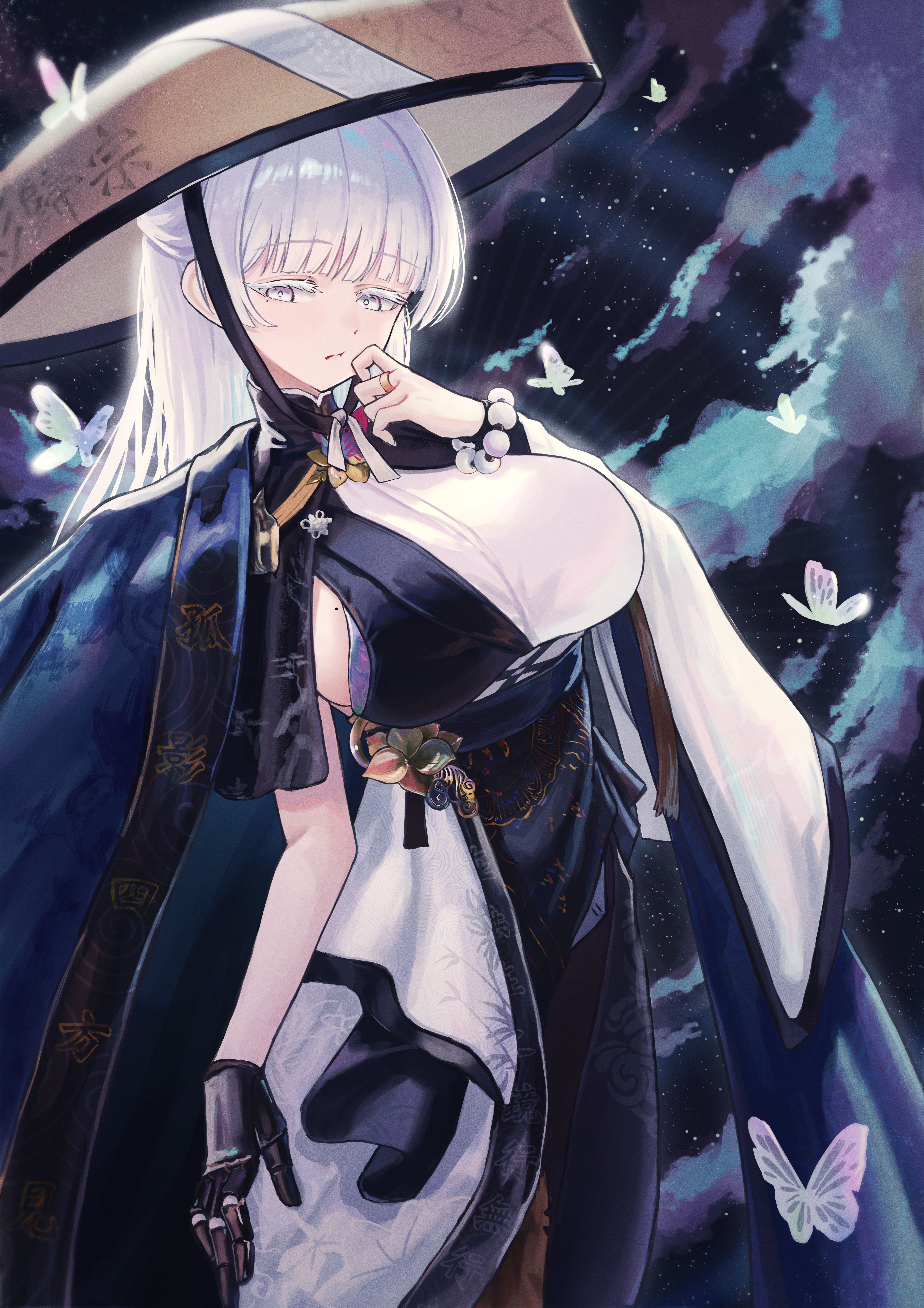 sxrxri a, nayuta (nikke), goddess of victory: nikke, absurdres, commentary, english commentary, highres, 1girl, :/, bead bracelet, beads, black gloves, blue haori, blunt bangs, bracelet, breasts, bright pupils, bug, butterfly, cloud, dutch angle, gloves, hand up, haori, hat, insect, japanese clothes, jewelry, jingasa, kimono, large breasts, long hair, looking at viewer, mole, mole on breast, night, night sky, outdoors, print kimono, ring, sideboob, single sleeve, sky, solo, split-color clothes, standing, star (sky), starry sky, thick eyelashes, very long hair, white eyes, white hair, white pupils, wide sleeves