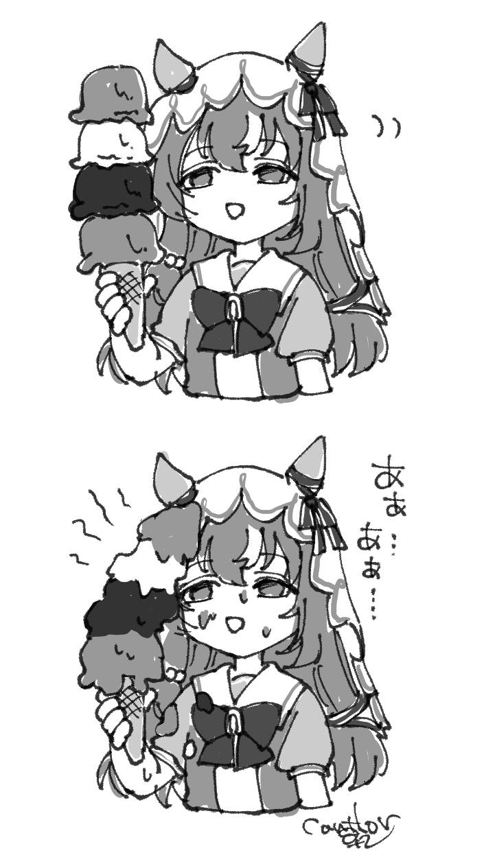 subject canthor, still in love (umamusume), umamusume, highres, translation request, 1girl, animal ears, breasts, food, greyscale, holding, holding food, horse ears, ice cream, long hair, melting, monochrome, open mouth, school uniform, signature, small breasts, solo, sweat, tracen school uniform, veil, white background
