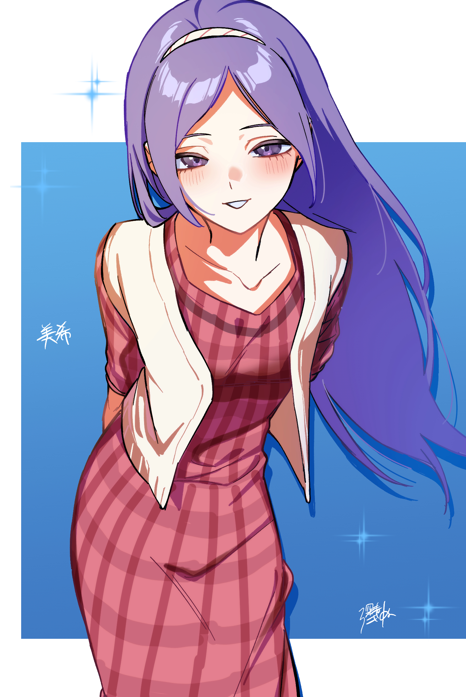 misao koinu, aono miki, fresh precure!, precure, highres, translation request, 1girl, arms behind back, blush, cardigan, checkered clothes, collarbone, dress, gradient background, hairband, long dress, long hair, looking at viewer, open cardigan, open clothes, open mouth, purple eyes, purple hair, red dress, simple background, sleeveless, sleeveless jacket, solo, solo focus, sparkle, white hairband