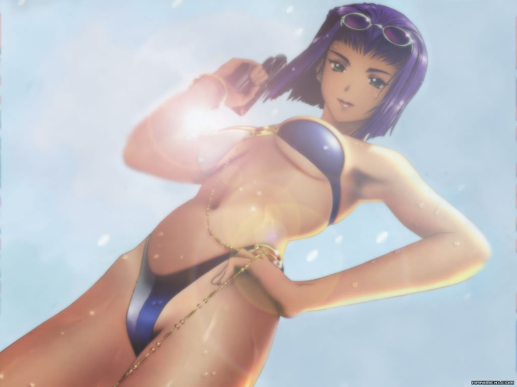faye valentine, cowboy bebop, 1990s (style), 1girl, bikini, eyewear on head, female focus, glasses, gun, lens flare, lipstick, looking down, makeup, retro artstyle, solo, sunglasses, swimsuit, weapon, wet