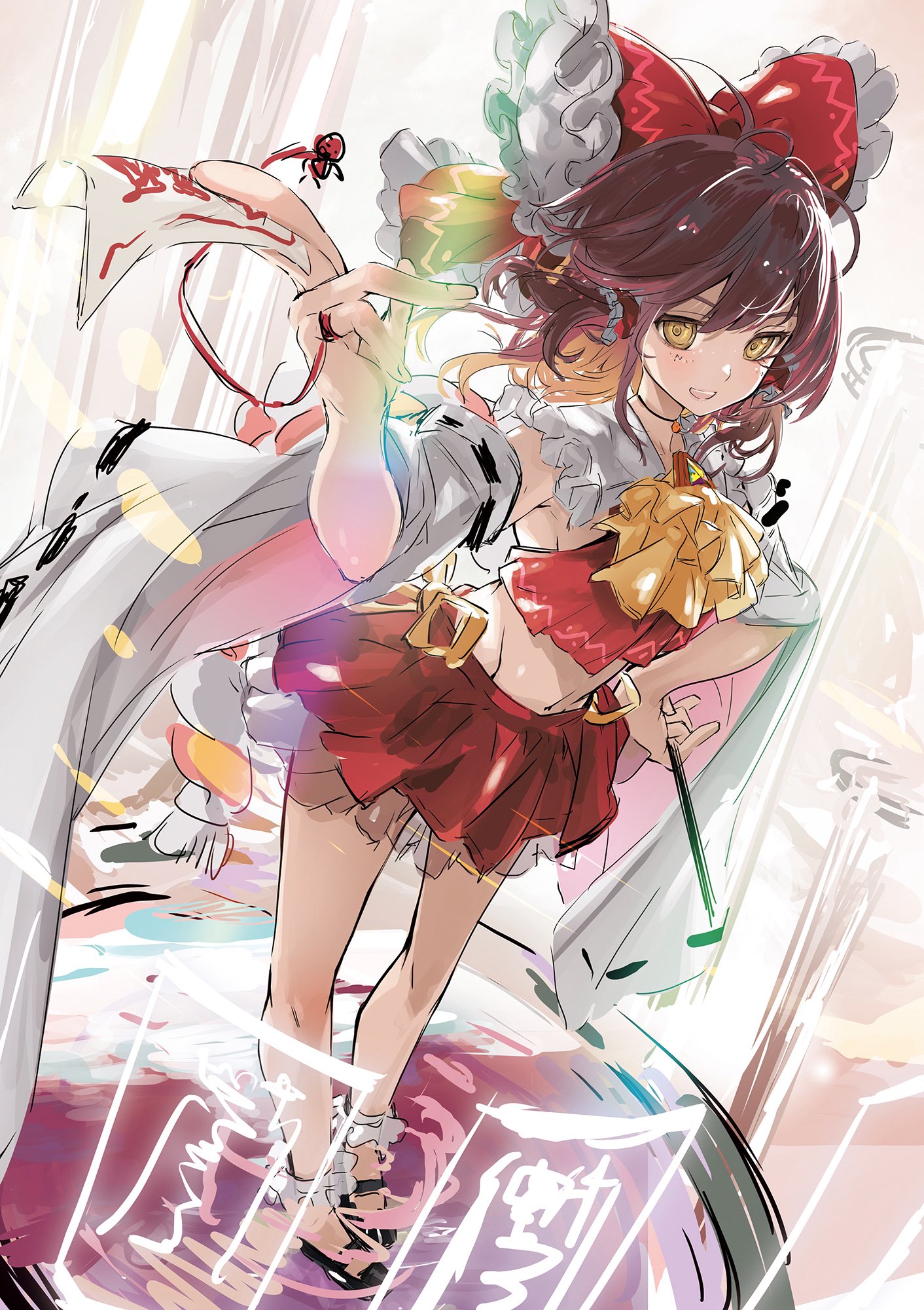 l.f., hakurei reimu, touhou, highres, 1girl, ascot, brown hair, detached sleeves, frilled ribbon, frills, hair between eyes, hair ribbon, hand on own hip, hand up, looking at viewer, open mouth, red ribbon, red shirt, red skirt, ribbon, shirt, skirt, sleeveless, sleeveless shirt, smile, solo, teeth, upper teeth only, white sleeves, wide sleeves, yellow ascot, yellow eyes