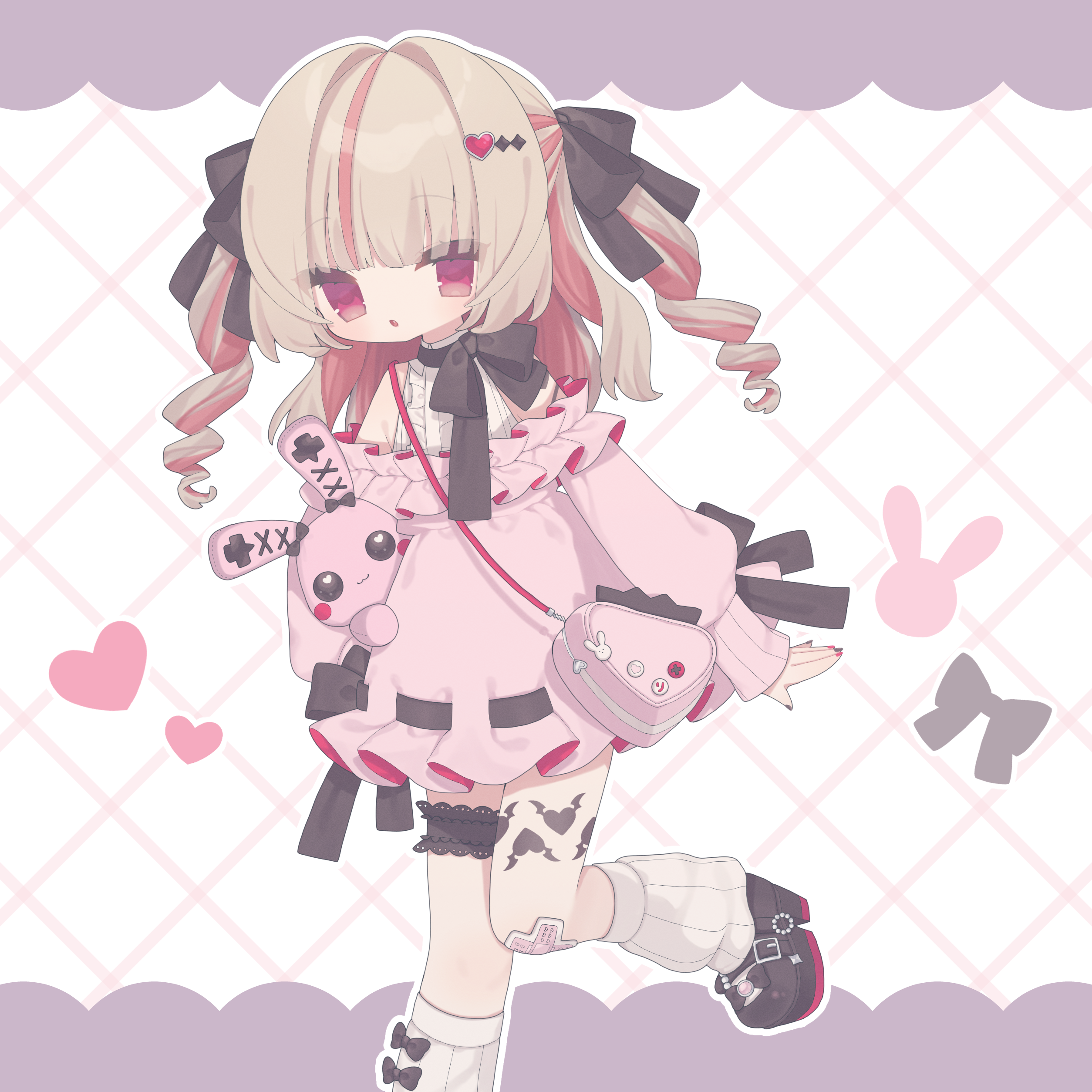 kuma kubo3, makaino ririmu, nijisanji, absurdres, highres, 1girl, :o, bag, bandaid, bandaid on knee, bandaid on leg, bare shoulders, black bow, black bowtie, black nails, black ribbon, black shoes, blunt bangs, blush, bow, bow legwear, bowtie, center frills, collared shirt, colored inner hair, dress, drill hair, foot out of frame, frilled dress, frilled thigh strap, frills, grey hair, hair intakes, hair ornament, hair ribbon, handbag, heart, heart hair ornament, holding, holding stuffed toy, knee up, leg tattoo, long hair, long sleeves, looking at viewer, loose socks, multicolored hair, multicolored nails, nail polish, off shoulder, official alternate costume, outline, parted lips, pink bag, pink dress, pink hair, pink nails, pink sleeves, platform shoes, red eyes, ribbon, ribbon-trimmed skirt, ribbon trim, shirt, shoes, shoulder bag, sidelocks, sleeveless, sleeveless shirt, socks, solo, streaked hair, stuffed animal, stuffed rabbit, stuffed toy, tattoo, thigh strap, two side up, virtual youtuber, white outline, white shirt, white socks, winged heart, winged heart tattoo