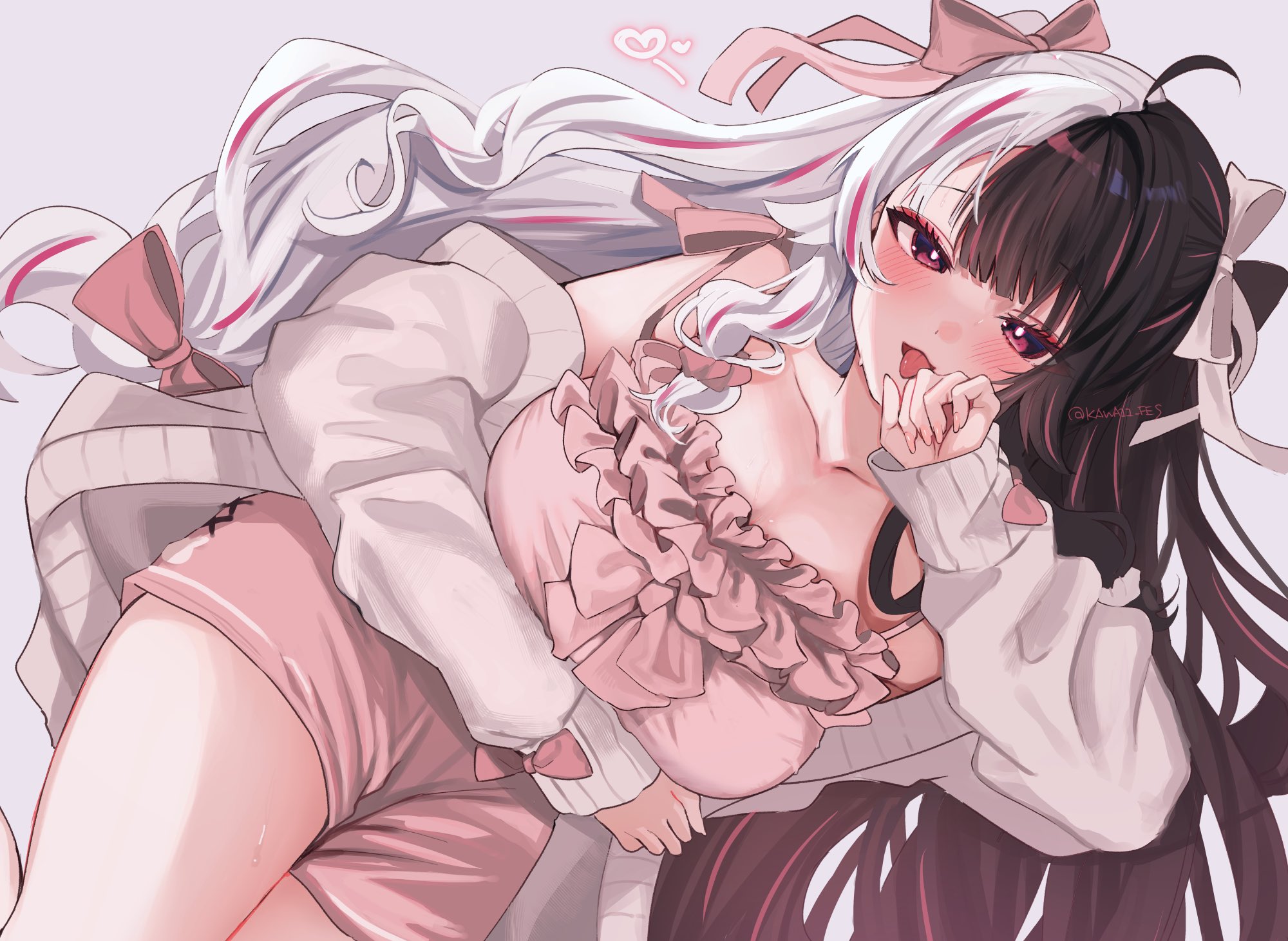 yorumi rena, nijisanji, highres, 1girl, :p, ahoge, black hair, bow, breasts, cardigan, chemise, grey hair, kawa11 fes, large breasts, long hair, looking at viewer, lying, multicolored hair, off shoulder, open mouth, red eyes, red hair, shorts, solo, split-color hair, streaked hair, tongue, tongue out, twintails, two-tone hair, very long hair, virtual youtuber