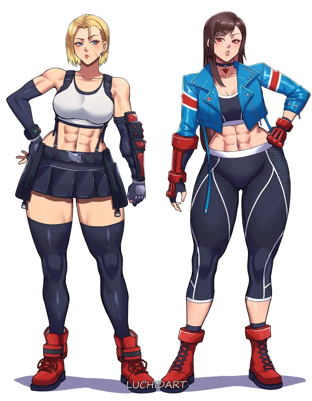 luchidart, cammy white, tifa lockhart, final fantasy, final fantasy vii, street fighter, street fighter 6, 2girls, abs, bare shoulders, blonde hair, brown hair, cammy white (cosplay), cosplay, costume switch, crop top, cropped jacket, crossover, elbow gloves, fingerless gloves, gloves, long hair, long sleeves, midriff, miniskirt, multiple girls, muscular, muscular female, pants, shoes, short hair, skirt, tifa lockhart (cosplay), white background