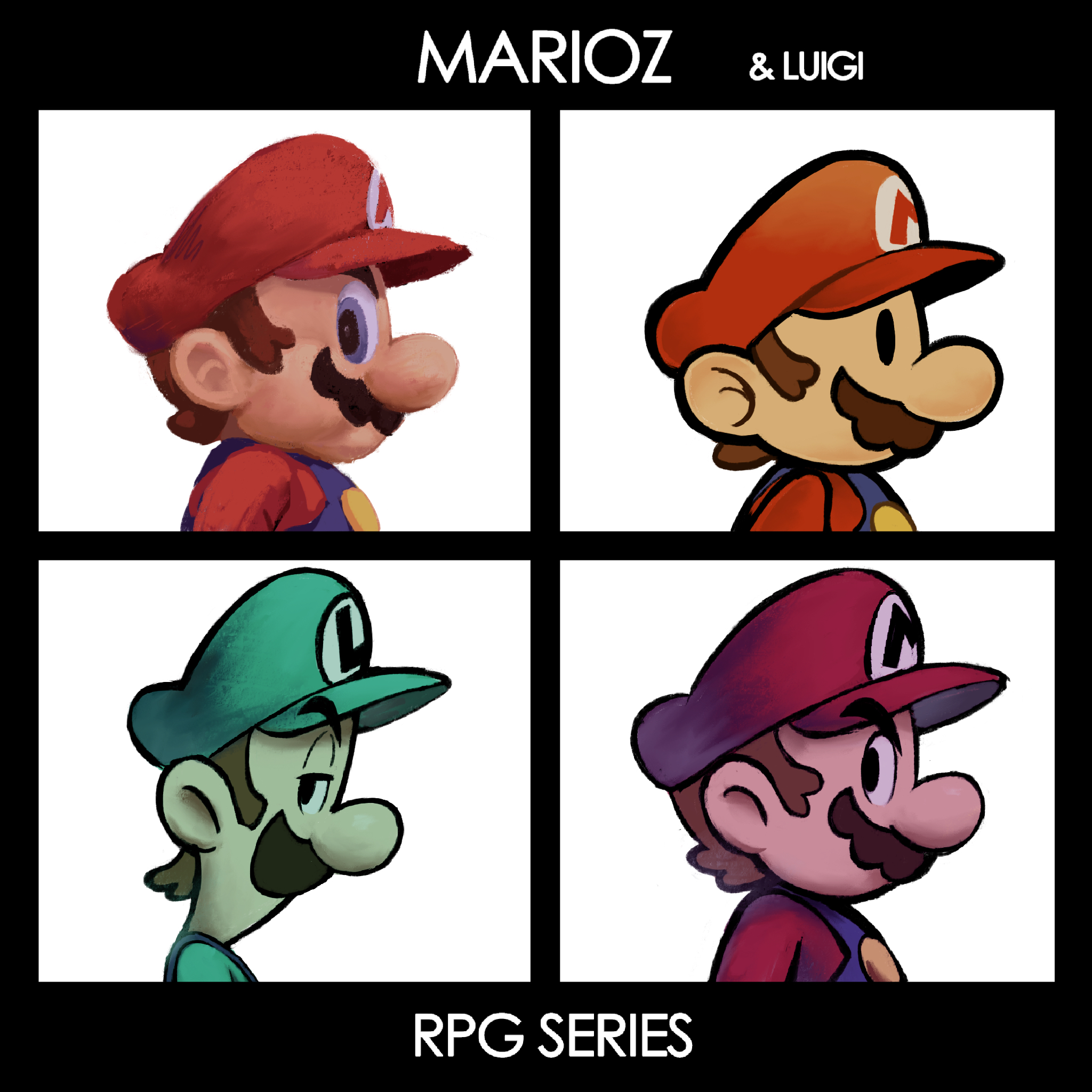 yamari (ya mari 6363), luigi, mario, paper mario (character), demon days (gorillaz), gorillaz, mario & luigi rpg, mario (series), nintendo, paper mario, super mario rpg, derivative work, highres, 4boys, album cover, album cover redraw, blue eyes, blue overalls, brown hair, close-up, cover, facial hair, fake cover, from side, green hat, half-closed eyes, hat, initial, looking to the side, multiple boys, multiple persona, mustache, overalls, parody, profile, red hat, red shirt, shirt, short hair, style parody