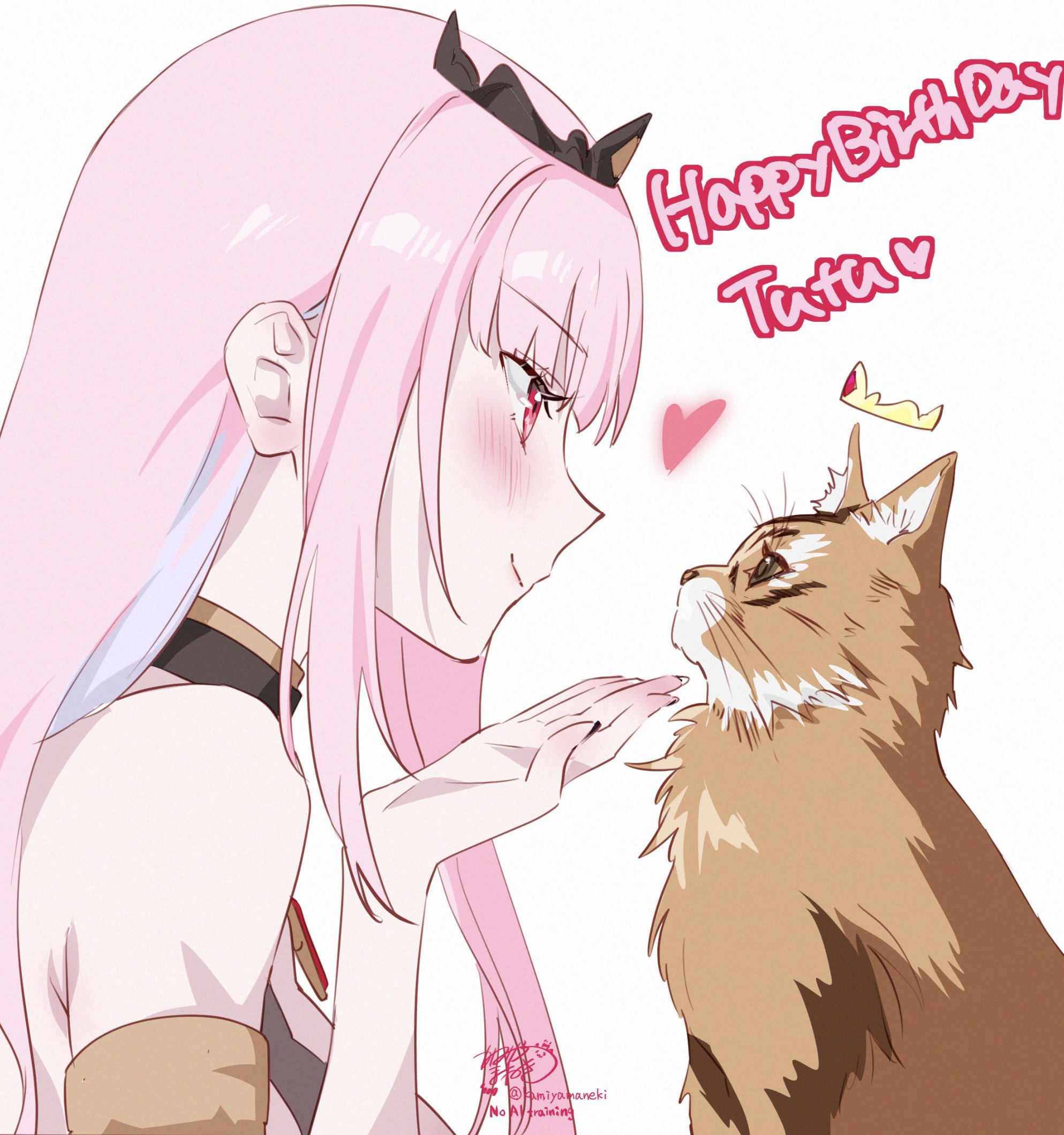 kamiya maneki, mori calliope, mori calliope (1st costume), hololive, hololive english, commentary, english commentary, highres, 1girl, armlet, artist name, bare shoulders, black nails, blush, brown hat, closed mouth, fingernails, floating crown, happy birthday, hat, heart, jewelry, long hair, looking at another, nose, pink eyes, pink hair, signature, simple background, smile, tiara, tutu (mori calliope), twitter username, virtual youtuber, white background