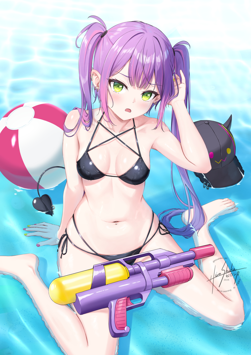 skyrail, tokoyami towa, hololive, highres, 1girl, ball, barefoot, beachball, bikini, black bikini, breasts, center-flap bangs, cleavage, colored inner hair, demon girl, demon tail, double-parted bangs, feet, gradient hair, green eyes, hat, legs, long hair, looking at viewer, multi-strapped bikini bottom, multi-strapped bikini top, multicolored hair, navel, open mouth, pink hair, pointy ears, purple hair, side-tie bikini bottom, sitting, small breasts, solo, stomach, swimsuit, tail, toenails, toes, twintails, unworn hat, unworn headwear, virtual youtuber, water gun