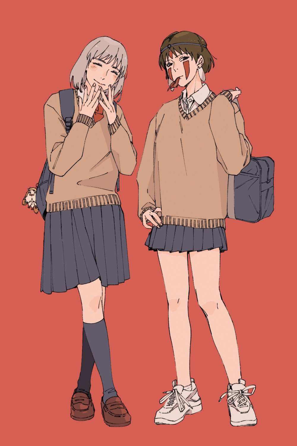 hareko sun, haku (sen to chihiro no kamikakushi), san (mononoke hime), mononoke hime, sen to chihiro no kamikakushi, studio ghibli, highres, 2girls, bag, blush, brown hair, closed eyes, multiple girls, pleated skirt, red background, school bag, school uniform, shoes, short hair, simple background, skirt, sneakers, socks, studio ghibli (style)