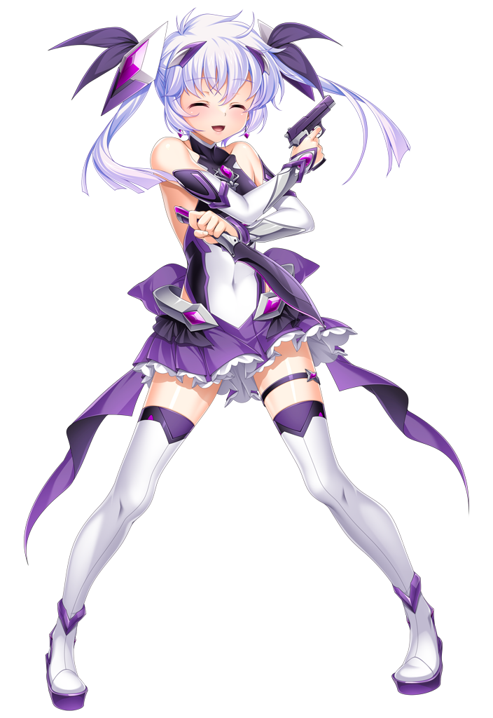 kamitsurugi ouka, exs-tia luna, sugahara touka, kouyoku senki exs-tia concert, game cg, large variant set, non-web source, official art, variant set, 1girl, :d, ^ ^, back bow, bare shoulders, blush, boots, bow, breasts, chest jewel, closed eyes, covered navel, dagger, detached sleeves, dual wielding, facing viewer, finger on trigger, floating hair, frilled skirt, frills, full body, gem, gun, hair between eyes, hair ornament, hair ribbon, halterneck, handgun, happy, headgear, holding, holding dagger, holding gun, holding knife, holding weapon, holster, jewelry, knife, layered skirt, legs apart, leotard, long hair, magical girl, miniskirt, open mouth, pigeon-toed, pleated skirt, purple skirt, ribbon, shiny clothes, skirt, small breasts, smile, solo, standing, thigh boots, thigh holster, thigh strap, thighhighs, transparent background, trigger discipline, twintails, weapon, white hair, white thighhighs, zettai ryouiki