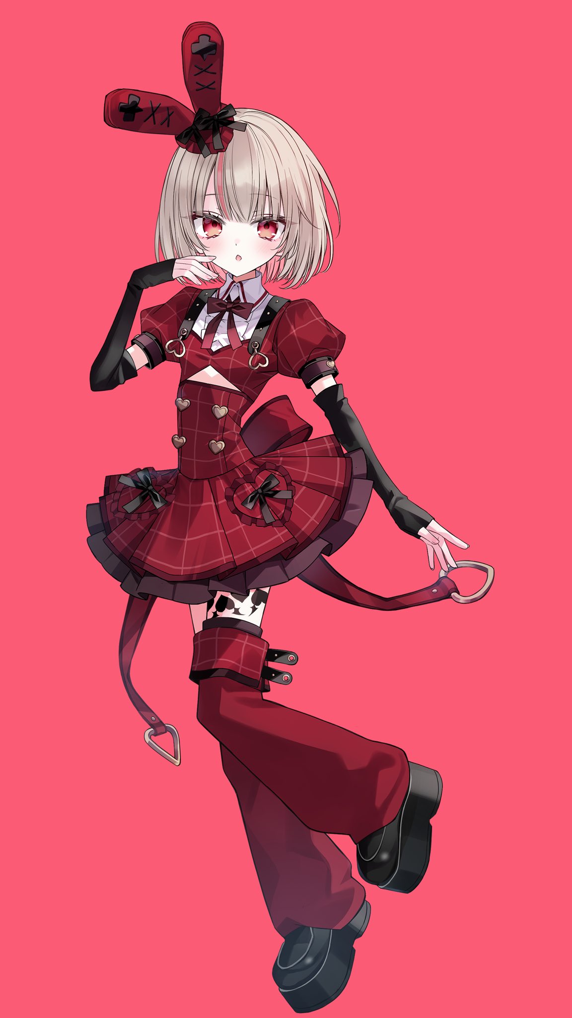 frozen yakan, makaino ririmu, nijisanji, highres, 1girl, back bow, black bow, black gloves, black shoes, black sleeve cuffs, blunt bangs, blush, bob cut, bow, bowtie, breasts, buttons, center frills, clothing cutout, collared shirt, colored inner hair, dress, elbow gloves, fingerless gloves, frilled dress, frills, full body, gloves, grey hair, hand to own mouth, hat, hat bow, heart, heart button, heart o-ring, idol clothes, layered dress, leg tattoo, leg warmers, looking at viewer, medium hair, mini hat, multicolored hair, o-ring, official alternate costume, official alternate hairstyle, parted lips, pink hair, plaid clothes, plaid dress, plaid sleeves, platform shoes, puffy short sleeves, puffy sleeves, rabbit ear headwear, red background, red bow, red bowtie, red dress, red eyes, red leg warmers, red sleeves, shirt, shoes, short dress, short sleeves, shoulder strap, simple background, small breasts, solo, standing, standing on one leg, streaked hair, tattoo, underboob cutout, virtual youtuber, white shirt, winged heart, winged heart tattoo