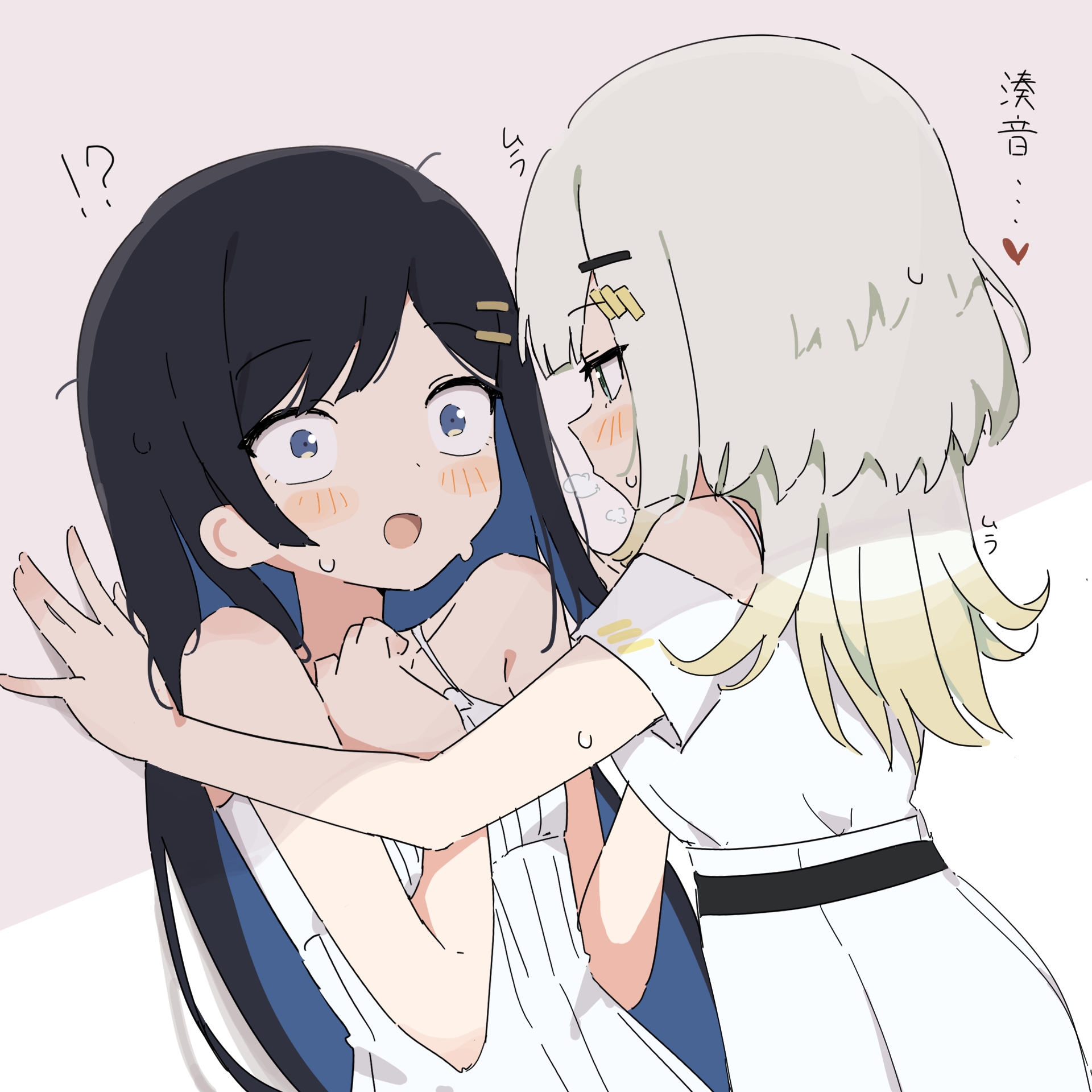 giryu, futaba minato, tsunose kotone, a.i. voice, cevio, commentary request, highres, translation request, !?, 2girls, black hair, blue eyes, blue hair, blush, colored inner hair, dress, heart, kabedon, multicolored hair, multiple girls, off-shoulder dress, off shoulder, open mouth, sweat, white dress, white hair, yuri
