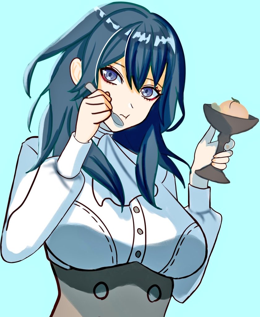 fuburon 84, female byleth (fire emblem), sherbet, fire emblem, fire emblem: three houses, nintendo, 1girl, alternate costume, blue eyes, blue hair, breasts, closed mouth, food, fruit, garreg mach monastery uniform, hair between eyes, high-waist skirt, holding, holding spoon, long hair, long sleeves, looking at viewer, medium breasts, peach, school uniform, shirt, simple background, skirt, solo, spoon, summer uniform, upper body, white shirt
