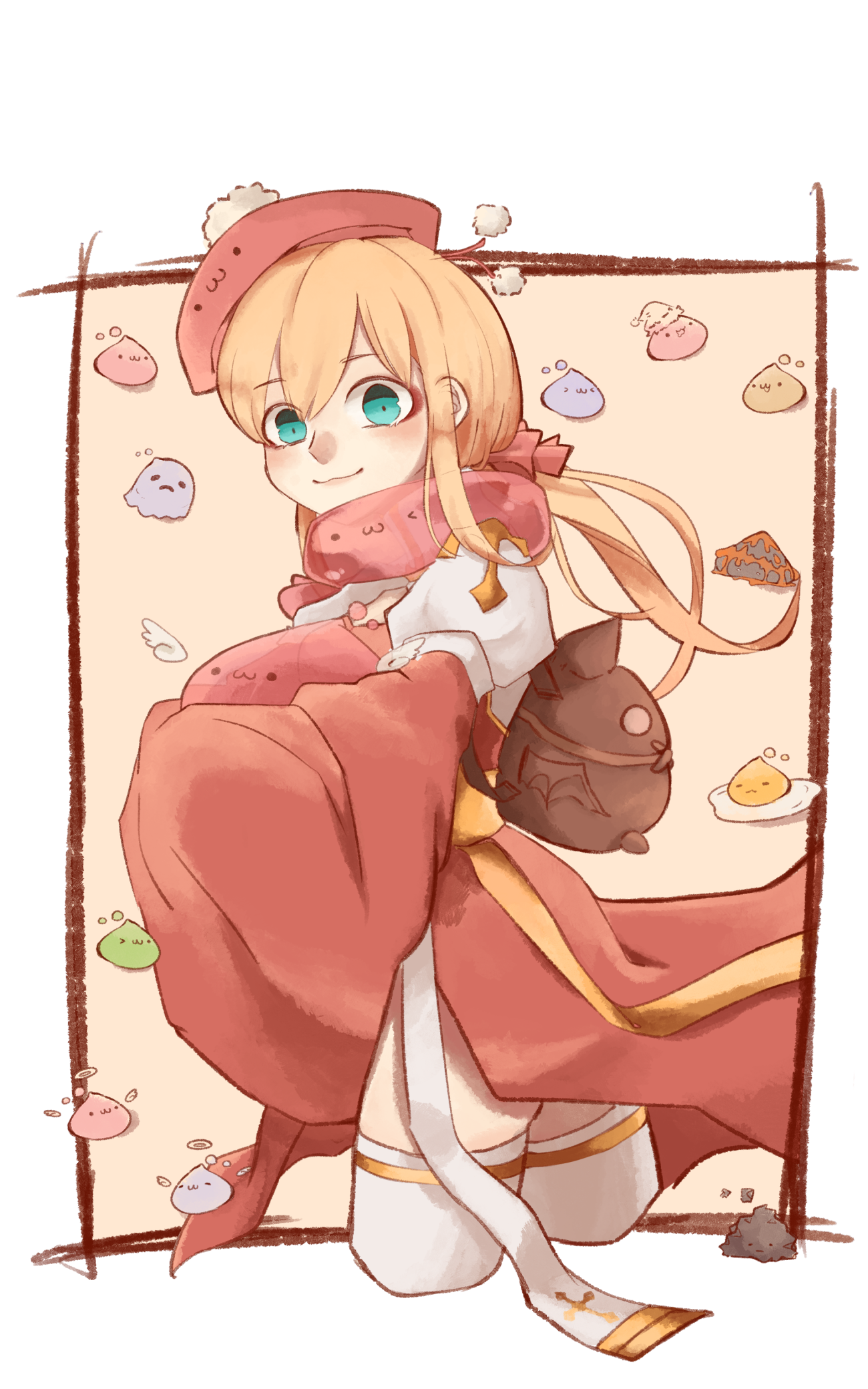 muka (vive1324), angeling, arch bishop (ragnarok online), drops (ragnarok online), ghostring, marin (ragnarok online), poporing, poring, ragnarok online, commentary, highres, 1girl, :3, archangeling, beret, blonde hair, blue eyes, closed mouth, cowboy shot, cropped legs, dress, eggring, ghost, halo, hat, juliet sleeves, long sleeves, looking at viewer, looking to the side, low ponytail, ponytail, puffy sleeves, red dress, santa hat, slime (creature), smile, solo, stapo, thighhighs, traditional halo, two-tone dress, white background, white dress, white thighhighs, wide sleeves, wings