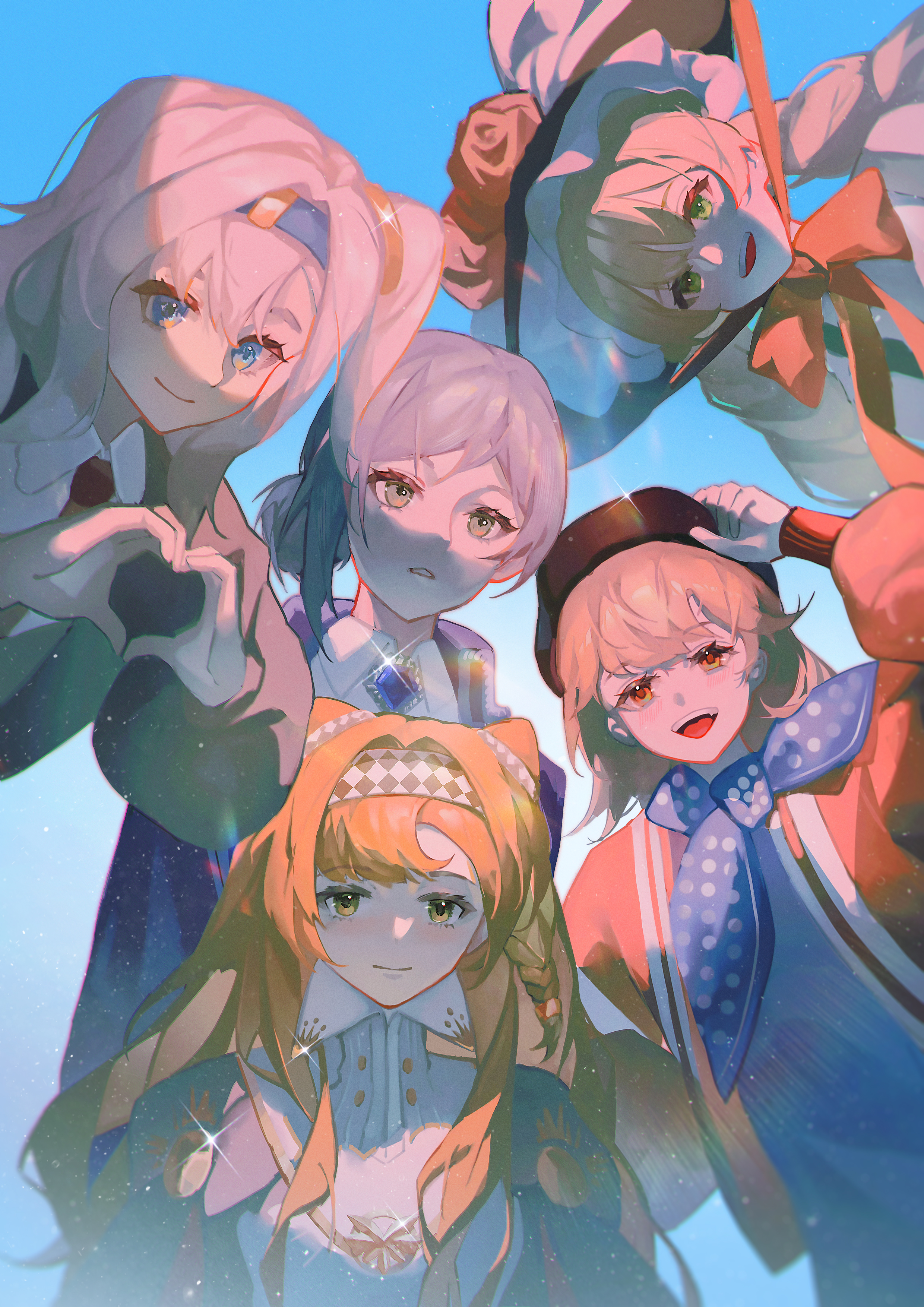 mimaki pv, matilda bouanich, regulus (reverse:1999), sonetto (reverse:1999), sotheby, vertin (reverse:1999), reverse:1999, absurdres, highres, 5girls, :d, black coat, blonde hair, blue background, blue dress, blue eyes, blue hairband, blue neckerchief, bow, brown hair, checkered hairband, chin strap, coat, collared dress, dress, drill hair, flower, green eyes, green hat, grey cloak, grey eyes, grey hair, grey sweater, hair bun, hairband, hand on headwear, hand up, hands up, hat, hat flower, heart, heart hands, high collar, jacket, long hair, looking at viewer, low twintails, medium hair, multiple girls, neckerchief, necktie, newsboy cap, one side up, open clothes, open jacket, open mouth, orange bow, orange eyes, parted lips, picture hat, polka dot neckerchief, red flower, red jacket, red necktie, shirt, short hair, single side bun, smile, sweater, twin drills, twintails, two side up, white dress, white shirt