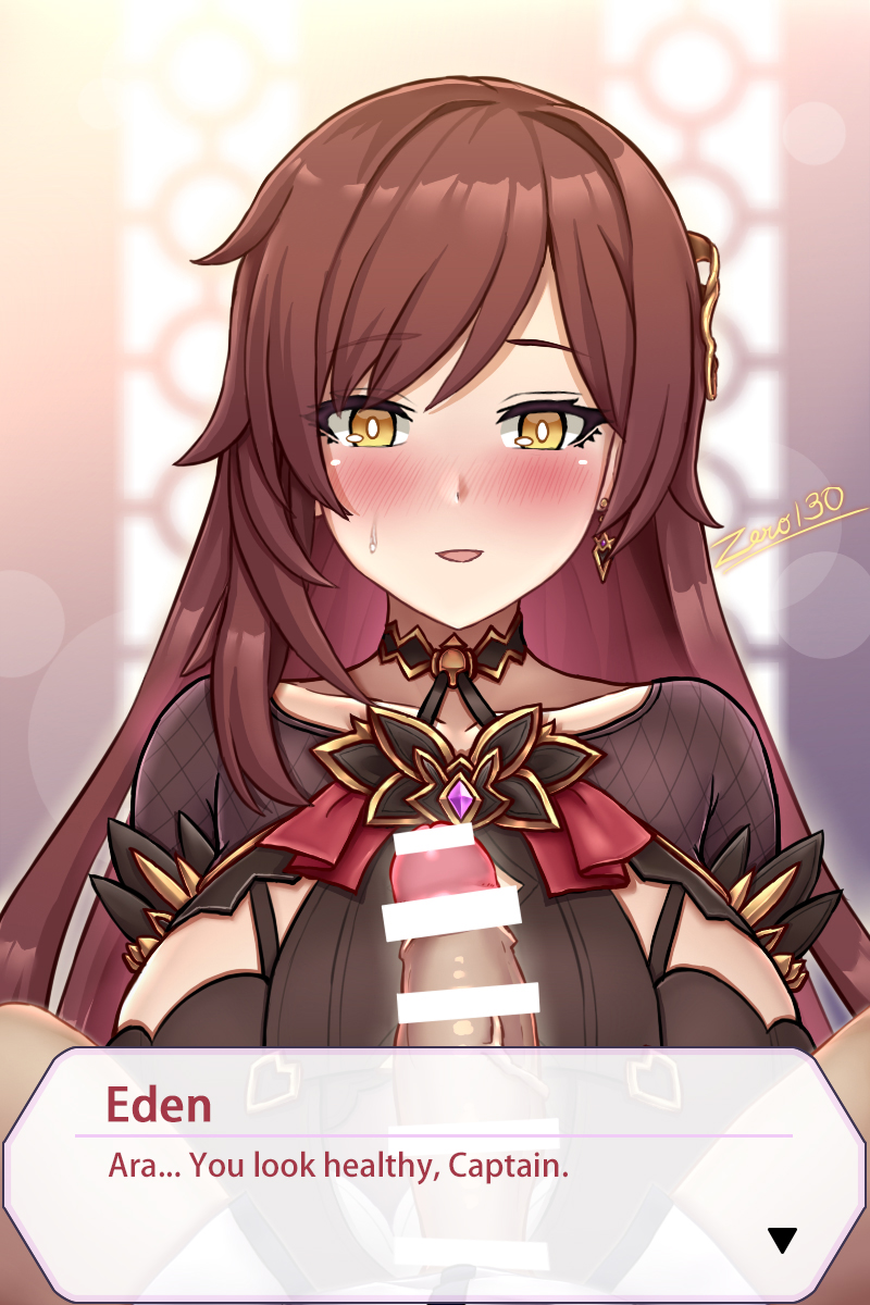 zero130rider, captain (honkai impact), eden (honkai impact), honkai (series), honkai impact 3rd, highres, 1boy, 1girl, :d, artist name, bar censor, blush, bracelet, breasts, censored, cleavage, dress, earrings, erection, hetero, jewelry, large breasts, large penis, long hair, long sleeves, looking at viewer, open mouth, penis, purple dress, purple hair, signature, single earring, smile, solo focus, yellow eyes