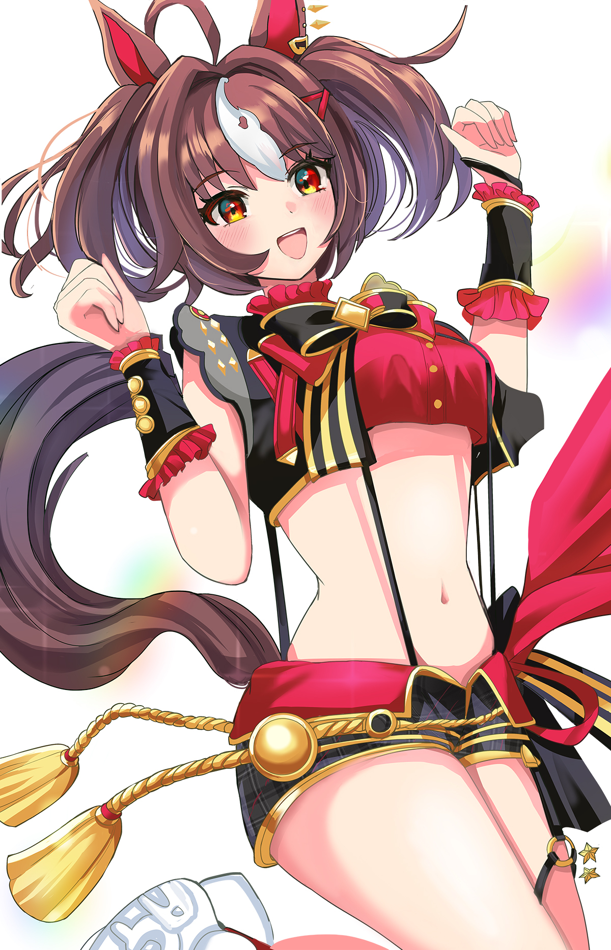 hanamura pink, gran alegria (umamusume), umamusume, highres, 1girl, ahoge, animal ears, breasts, brown eyes, brown hair, clenched hands, hair between eyes, hair ornament, horse ears, horse tail, looking at viewer, medium breasts, midriff, navel, open mouth, shoes, shorts, standing, standing on one leg, tail, white background, x hair ornament