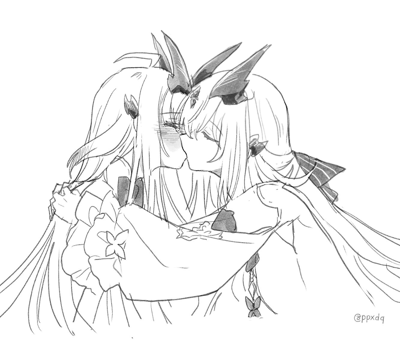 ppxdq, necrass (arknights), reed (arknights), arknights, 2girls, blush, dress, greyscale, hand on another's shoulder, horns, kiss, long hair, long sleeves, monochrome, multiple girls, twitter username, yuri