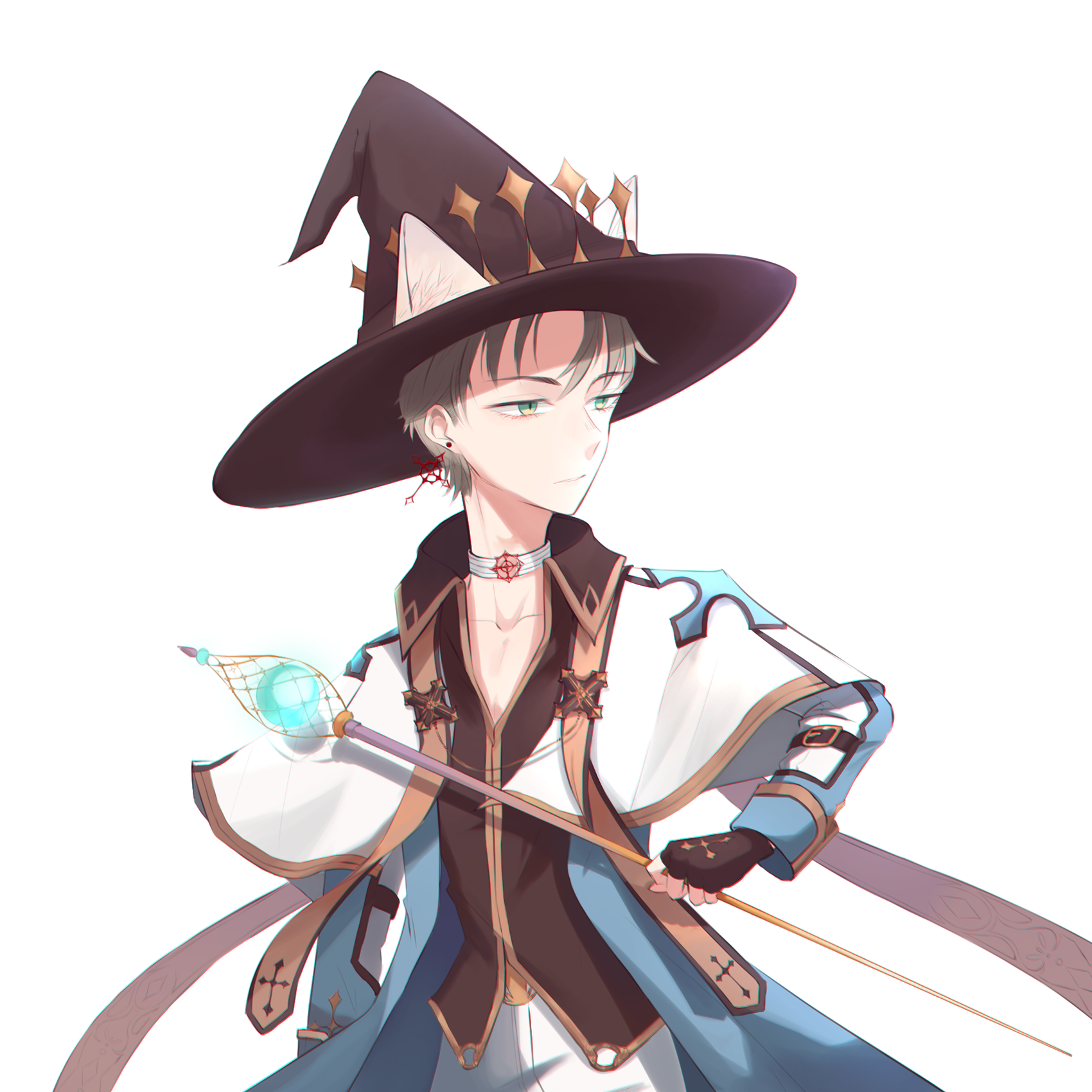 muka (vive1324), arch bishop (ragnarok online), ragnarok online, commentary request, highres, 1boy, animal ears, black gloves, black hat, black shirt, blue coat, capelet, choker, closed mouth, coat, cowboy shot, cross, cross choker, cross earrings, cross of prontera, crown hat, earrings, expressionless, fake animal ears, fingerless gloves, gloves, gold trim, green eyes, grey hair, hat, holding, holding staff, jewelry, long sleeves, looking afar, male focus, official alternate costume, open clothes, open coat, shirt, simple background, solo, staff, white background, white capelet, white choker, witch hat