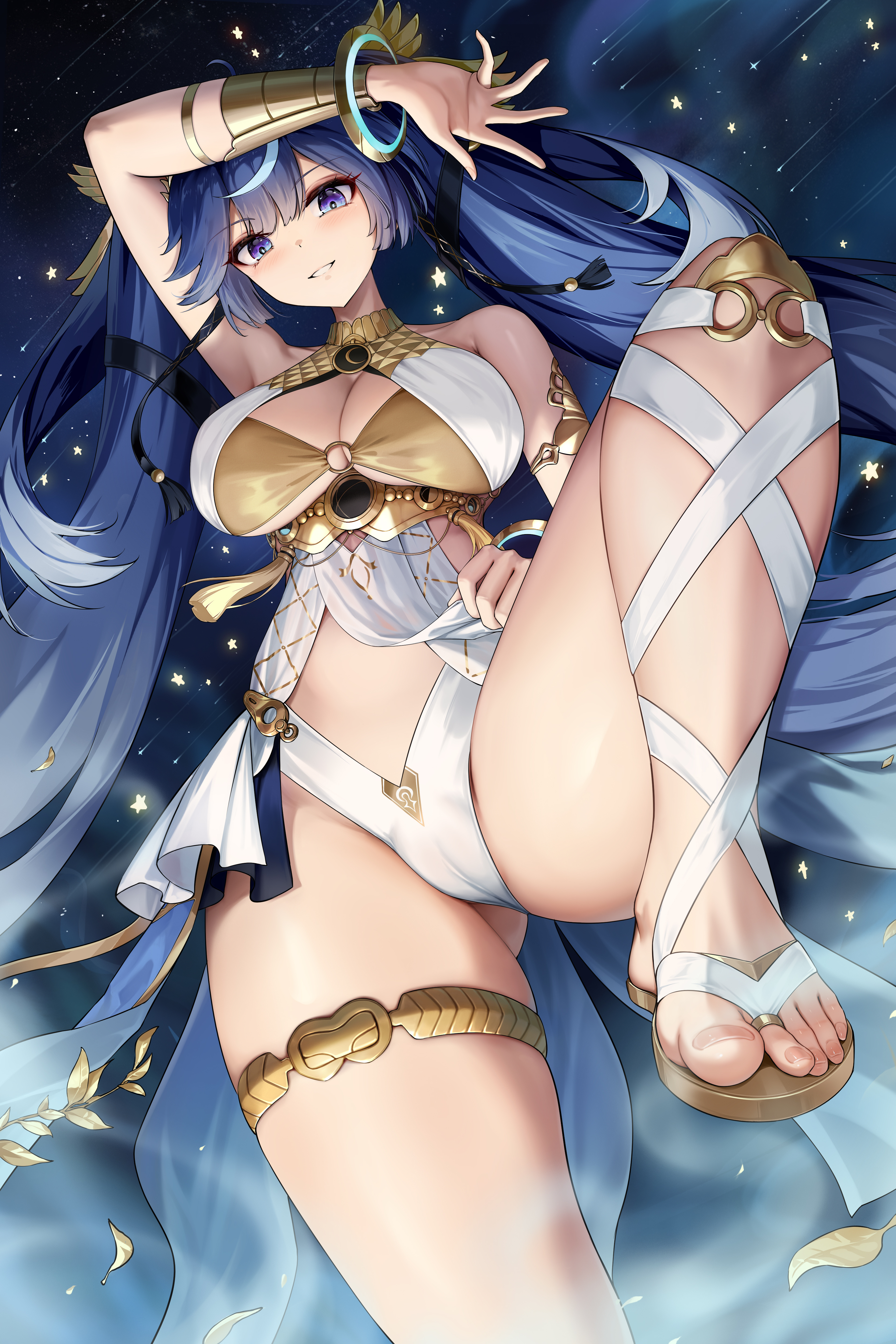 niliu chahui, iuno (wuthering waves), wuthering waves, absurdres, commentary, english commentary, highres, 1girl, ancient greek clothes, arm up, armlet, barefoot, black skirt, blue eyes, blue hair, breasts, cleavage, feet, foot out of frame, from below, greco-roman clothes, hair belt, head wreath, jewelry, large breasts, leg wrap, long hair, looking at viewer, looking down, miniskirt, parted lips, showgirl skirt, skirt, smile, solo, thighlet, thighs, toenails, toes, underboob, very long hair