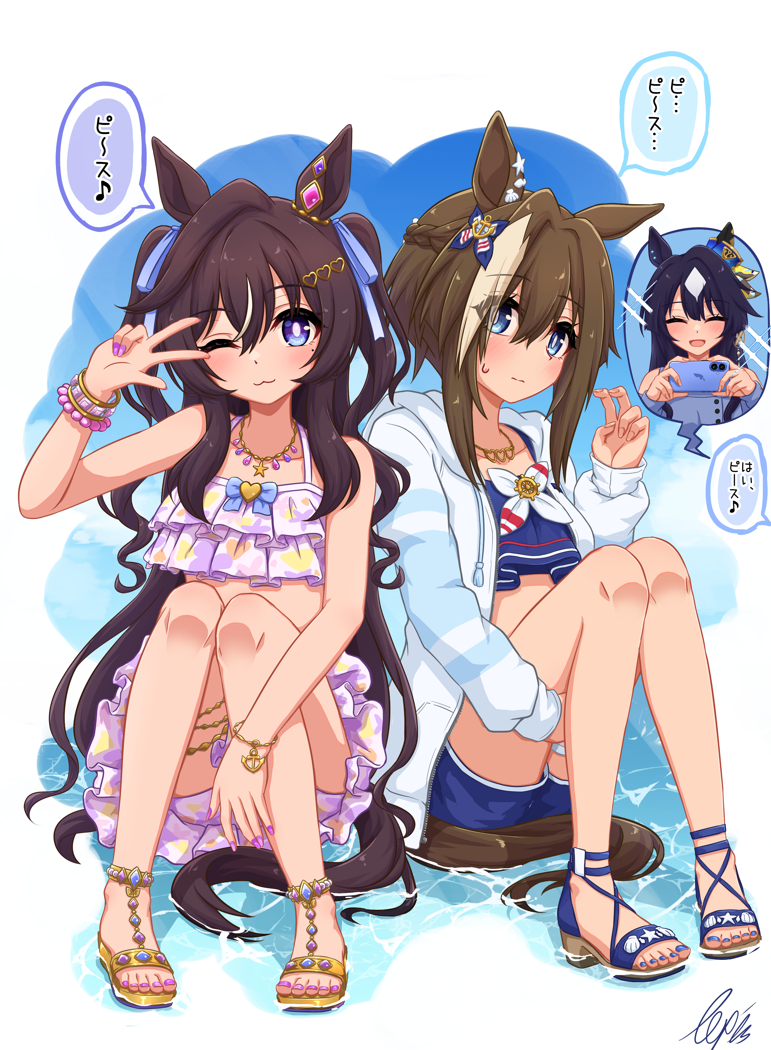 lexis yayoi, cheval grand (umamusume), verxina (umamusume), vivlos (umamusume), umamusume, absurdres, highres, translation request, 3girls, :3, alternate costume, alternate hairstyle, animal ears, bikini, blue eyes, blush, breasts, cellphone, closed eyes, collarbone, hair between eyes, hair ornament, horse ears, jewelry, long hair, looking at viewer, medium breasts, medium hair, mole, mole under eye, multiple girls, necklace, official alternate costume, open mouth, phone, sandals, siblings, sisters, swimsuit, v sisters