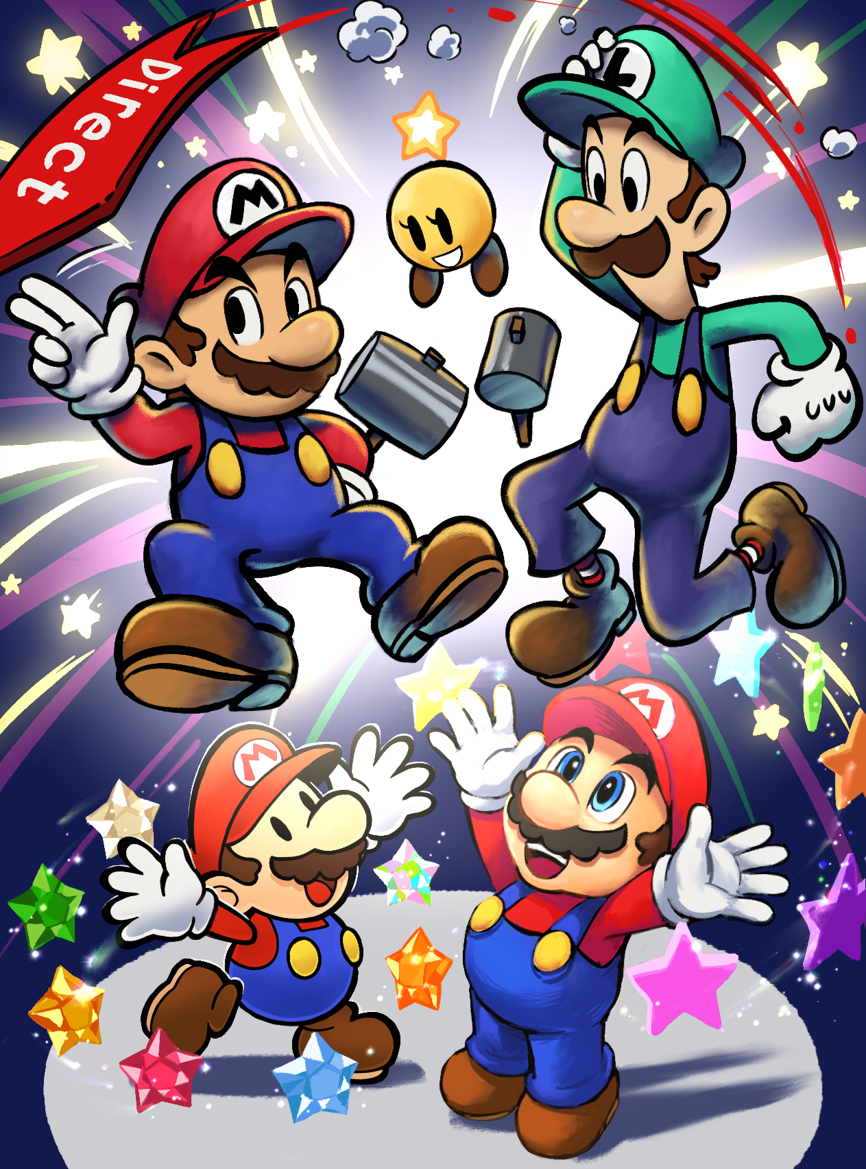 yamari (ya mari 6363), luigi, mario, paper mario (character), starlow, mario & luigi rpg, mario (series), nintendo, paper mario, paper mario: the thousand-year door, super mario rpg, highres, 1other, 4boys, blue eyes, blue overalls, boots, brothers, brown boots, brown hair, clenched hand, facial hair, gloves, green hat, green shirt, hammer, hat, holding, holding hammer, in-franchise crossover, male focus, multiple boys, multiple persona, mustache, nintendo direct, open mouth, overalls, red hat, red shirt, shirt, short hair, siblings, star (symbol), teeth, upper teeth only, white gloves