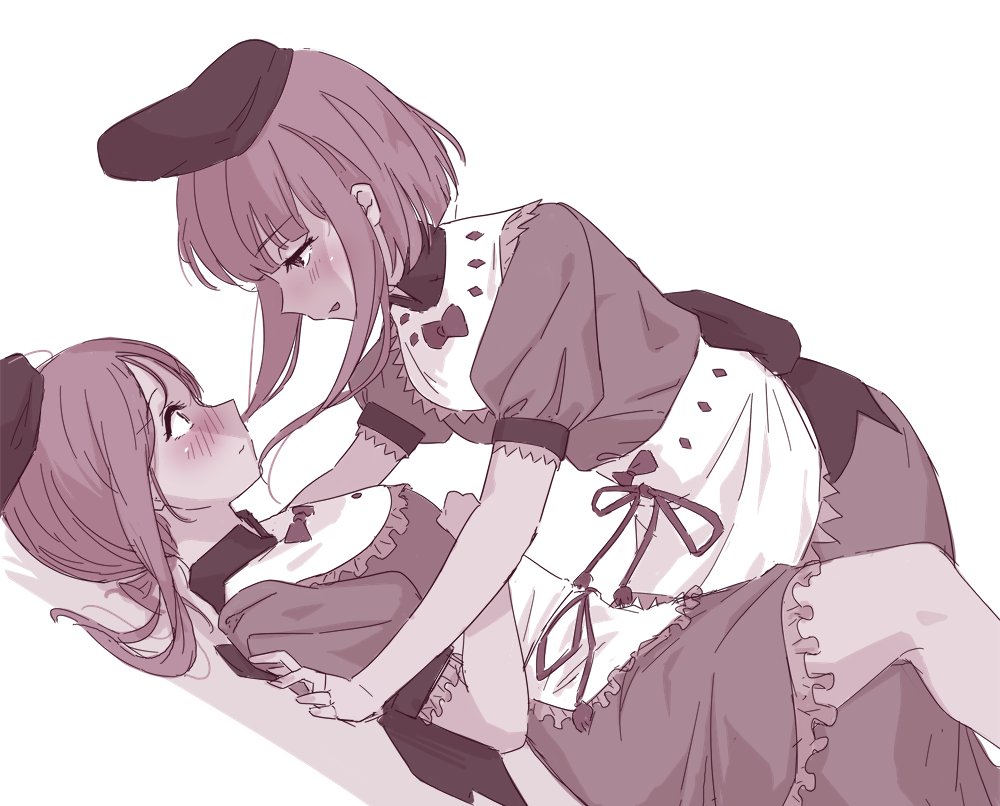 tamaguu (lanev0), nishida satono, teireida mai, touhou, commentary request, 2girls, apron, between legs, blush, closed mouth, hat, long hair, looking at another, monochrome, multiple girls, parted lips, short sleeves, waist apron, yuri