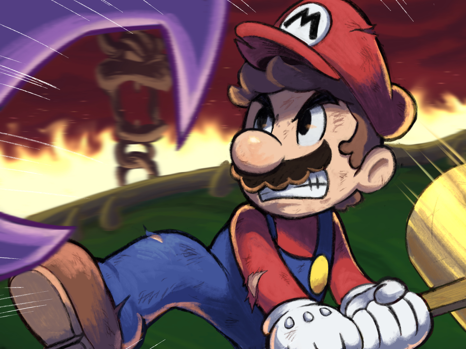 yamari (ya mari 6363), cackletta, mario, mario & luigi: superstar saga, mario & luigi rpg, mario (series), nintendo, highres, 1boy, blue overalls, boots, boss fight, brown boots, brown hair, cackletta soul, chain, clenched teeth, facial hair, fire, gloves, hammer, hat, holding, holding hammer, in-universe location, male focus, masanori sato (style), mustache, overalls, pants, red hat, red shirt, shirt, short hair, teeth, torn clothes, torn hat, torn pants, v-shaped eyebrows, white gloves