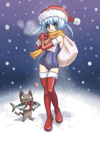 kurayami joe, original, lowres, 1girl, bag, boots, christmas, elbow gloves, female focus, gloves, latex, latex gloves, one-piece swimsuit, red gloves, sack, santa costume, scarf, school swimsuit, snow, snowing, solo, swimsuit, thigh boots, thighhighs