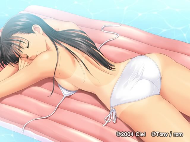 tony taka, mizushima asa, sora no iro mizu no iro, game cg, 00s, 1girl, bikini, black hair, breasts, closed eyes, female focus, inflatable raft, long hair, pool, side-tie bikini bottom, sideboob, sleeping, solo, swimsuit, tan, tanline, water