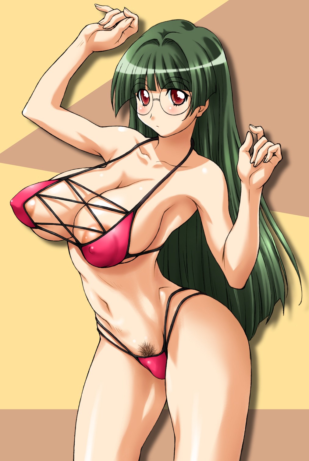 gegera, tachibana rei, pani poni dash!, highres, 1girl, bikini, breasts, female focus, female pubic hair, glasses, green hair, long hair, navel, pubic hair, red eyes, simple background, solo, standing, swimsuit