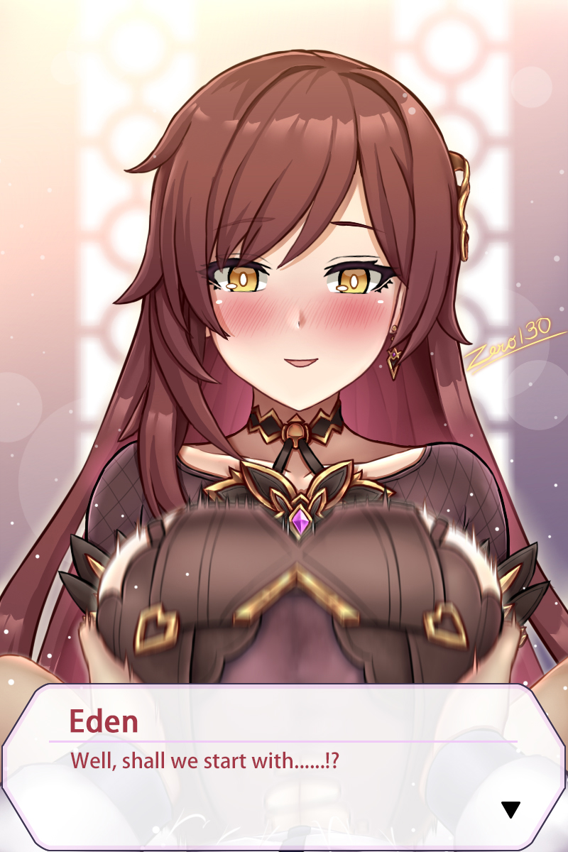 zero130rider, captain (honkai impact), eden (honkai impact), honkai (series), honkai impact 3rd, highres, 1boy, 1girl, :d, artist name, bar censor, blush, bracelet, breasts, censored, cleavage, dress, earrings, erection, hetero, jewelry, large breasts, large penis, long hair, long sleeves, looking at viewer, motion lines, open mouth, paizuri, paizuri under clothes, penis, purple dress, purple hair, signature, single earring, smile, solo focus, yellow eyes
