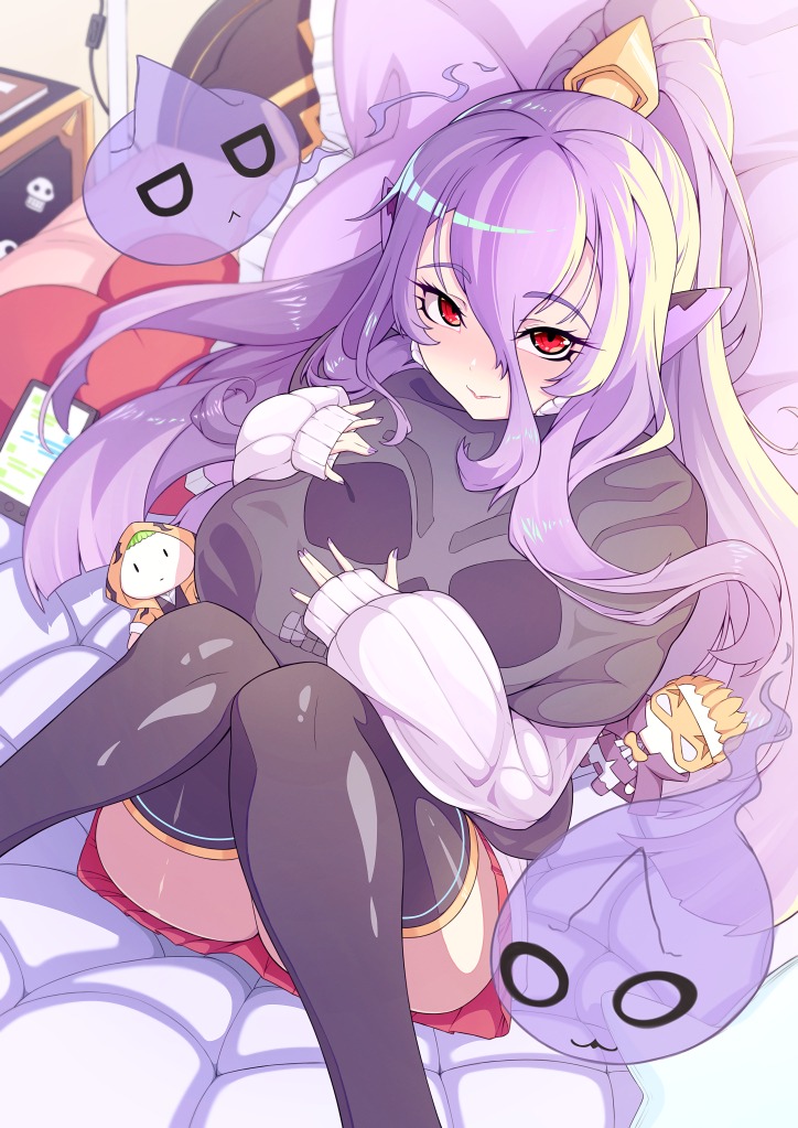 vermillion dice, mikado (blazblue), relius clover, yuuki terumi, blazblue, 1girl, :>, black thighhighs, blush, cellphone, doll, from above, ghost, hair between eyes, headgear, heart, heart-shaped pillow, high ponytail, hugging object, indoors, knees together feet apart, lips, long hair, long hair between eyes, long sidelocks, long sleeves, looking at viewer, lying, on back, on bed, phone, pillow, ponytail, puffy sleeves, purple hair, purple nails, red eyes, red skirt, sidelocks, skirt, smartphone, solo, star-shaped pillow, sweater, text messaging, thighhighs, thighs, very long hair, zettai ryouiki