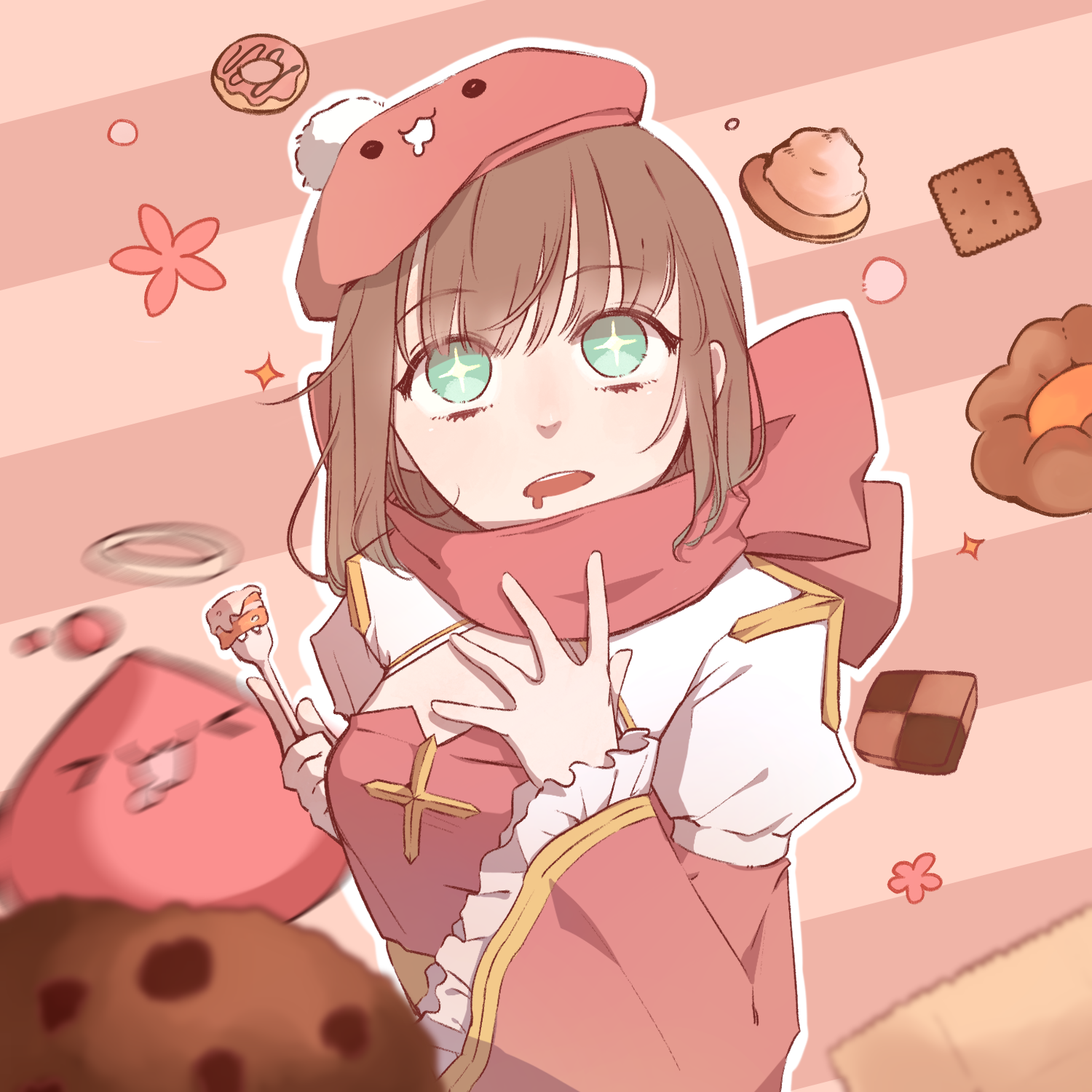 muka (vive1324), angeling, arch bishop (ragnarok online), ragnarok online, commentary, english commentary, highres, + +, 1girl, :3, beret, breasts, brown hair, checkerboard cookie, chocolate chip cookie, cleavage cutout, clothing cutout, cookie, cross, donut, dress, drooling, food, fork, frilled sleeves, frills, green eyes, hat, holding, holding fork, juliet sleeves, long sleeves, mouth drool, open mouth, pink background, pink dress, pink scarf, puffy sleeves, scarf, short hair, slime (creature), small breasts, solo, striped background, thumbprint cookie, two-tone dress, upper body, white dress