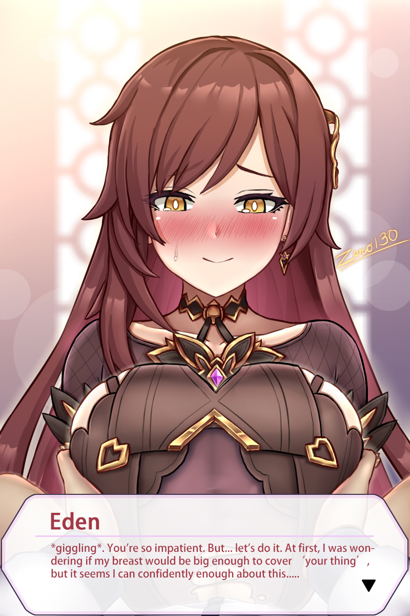 zero130rider, captain (honkai impact), eden (honkai impact), honkai (series), honkai impact 3rd, highres, 1boy, 1girl, artist name, bar censor, blush, bracelet, breasts, censored, cleavage, closed mouth, dress, earrings, erection, hetero, jewelry, large breasts, large penis, long hair, long sleeves, looking at viewer, paizuri, paizuri under clothes, penis, purple dress, purple hair, signature, single earring, solo focus, yellow eyes