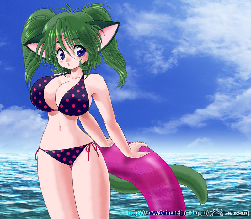 akira m, 1girl, animal ears, bikini, blue eyes, breasts, female focus, green hair, large breasts, navel, ocean, sky, solo, standing, swimsuit, tail