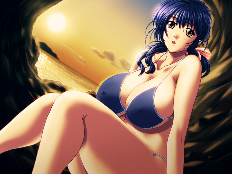 ishihara souka, aiba nanako, anata to mita sakura, game cg, 1girl, bikini, blue bikini, blue hair, blush, breasts, brown eyes, cleavage, cloud, collarbone, covered erect nipples, female focus, hair ribbon, huge breasts, long hair, looking at viewer, ocean, open mouth, outdoors, ponytail, ribbon, sitting, sky, solo, sun, sunset, swimsuit, teeth, water, yellow eyes