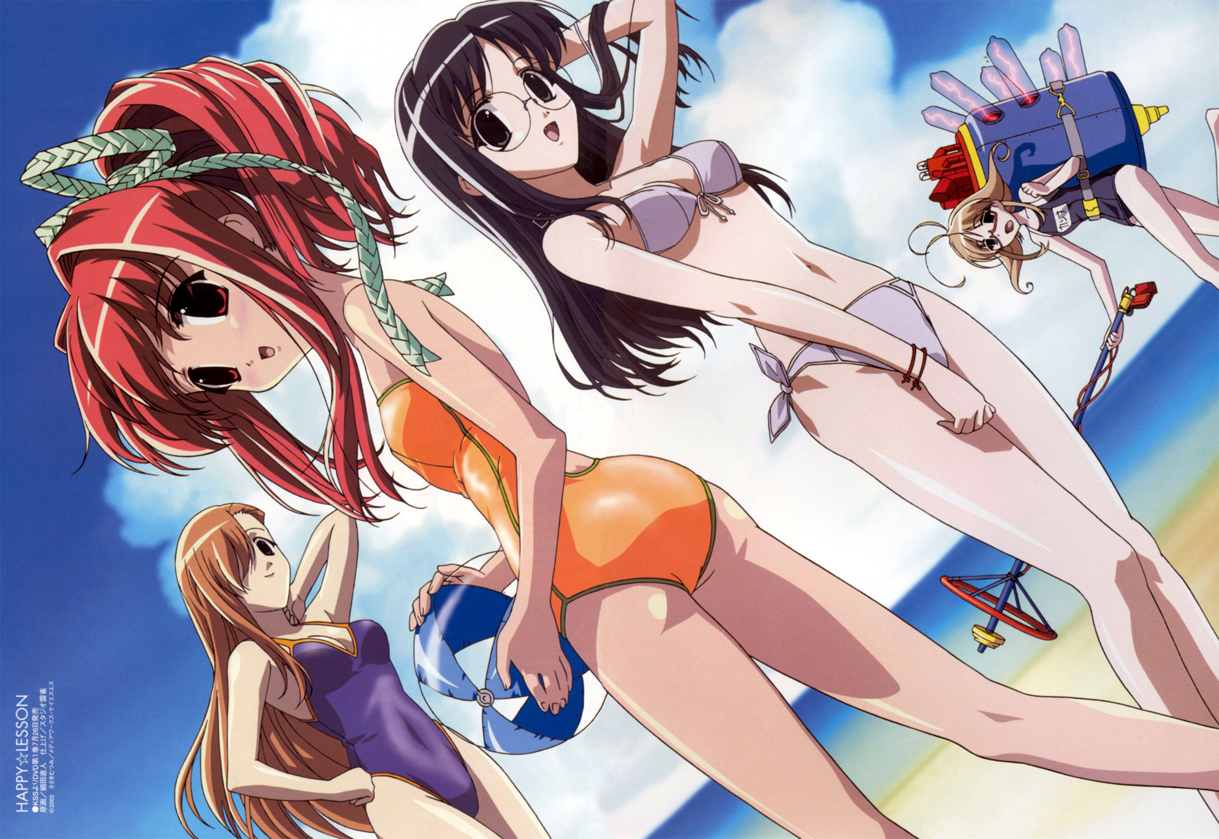 hosoda naoto, nanakorobi fumitsuki, rokumatsuri minazuki, yazakura hazuki, happy lesson, highres, scan, 4girls, ass, ball, beach, beachball, bikini, black hair, cloud, dutch angle, glasses, holding, holding ball, holding beachball, looking back, multiple girls, ocean, one-piece swimsuit, orange one-piece swimsuit, outdoors, red hair, sky, standing, swimsuit, water