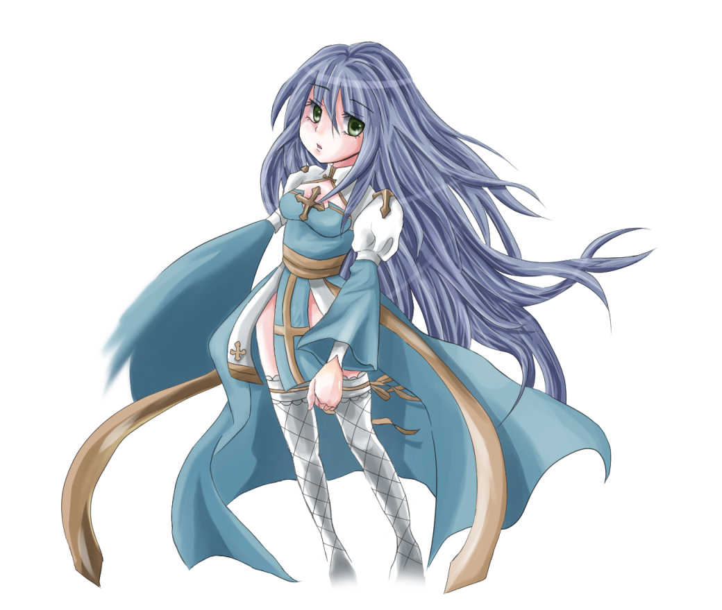 arch bishop (ragnarok online), ragnarok online, commentary request, 1girl, blue dress, blue hair, breasts, brown sash, cleavage cutout, clothing cutout, cross, dress, expressionless, feet out of frame, fishnet thighhighs, fishnets, frilled thighhighs, frills, green eyes, hair between eyes, juliet sleeves, kitty yuria, long hair, long sleeves, looking at viewer, medium breasts, open mouth, pelvic curtain, puffy sleeves, simple background, solo, standing, thighhighs, two-tone dress, very long hair, white background, white dress, white thighhighs