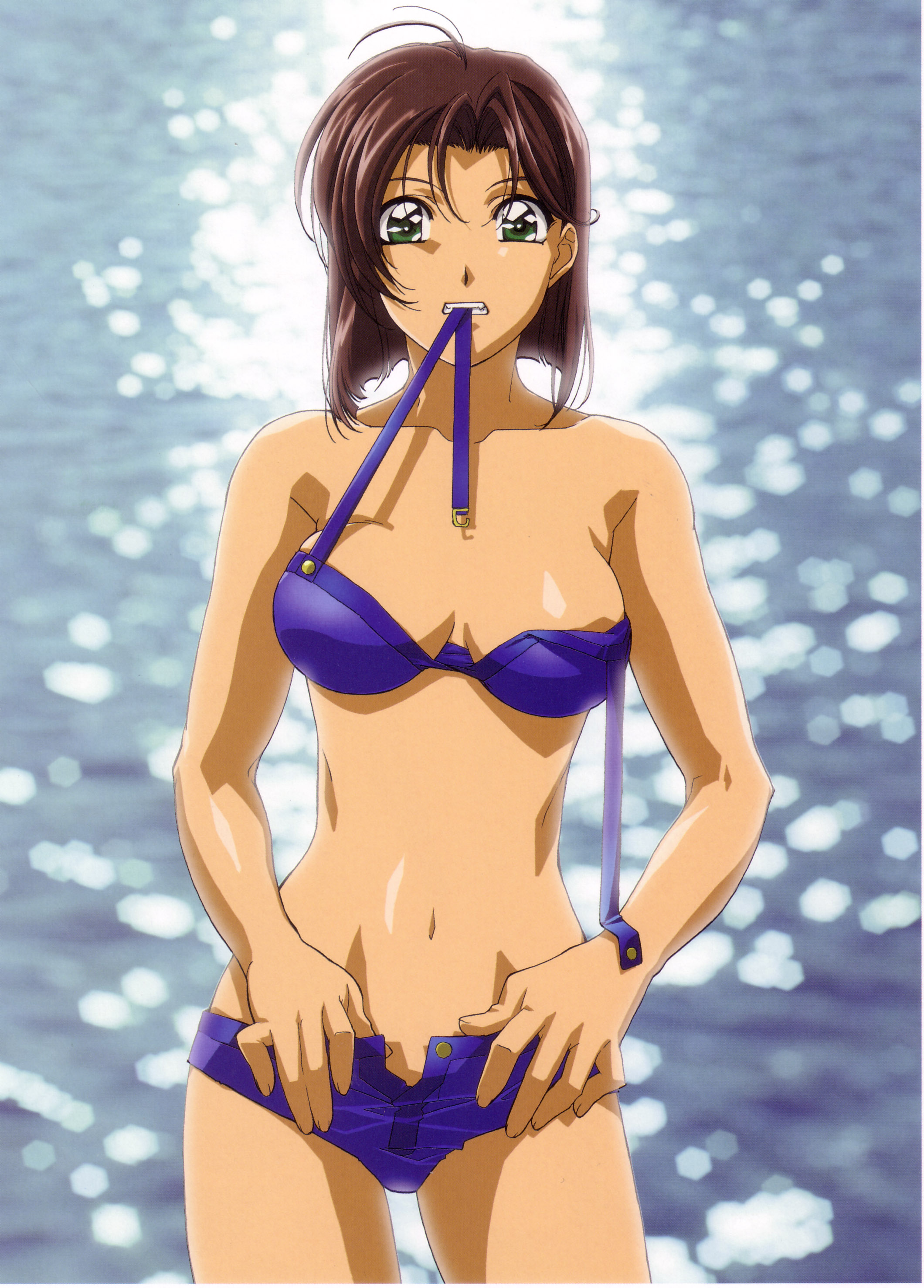 nakajima atsuko, tsujimoto natsumi, taiho shichauzo, absurdres, highres, official art, 1990s (style), 1girl, antenna hair, bikini, bikini in mouth, blue bikini, blurry, bob cut, breasts, breasts apart, brown hair, cleavage, clenched teeth, clothes in mouth, cowboy shot, depth of field, female focus, green eyes, hip focus, looking at viewer, mouth hold, narrow waist, navel, ocean, open fly, outdoors, retro artstyle, short hair, solo, sports bikini, standing, swimsuit, teeth, unbuttoned, unfastened, unzipped, water